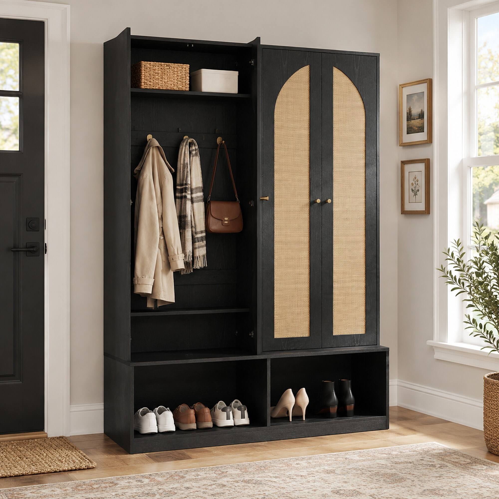 Angle. RYHNUYNE - 55.1 in Farmhouse Hall Tree, 4-in-1 Entryway Bench and Shoe Cabinet, Rattan Doors, 6 Hooks, Adjustable Shelves, Black - Black.