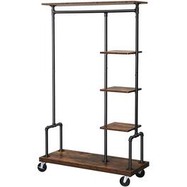 Hivvago - Farmhouse 5 Tier Laundry Pipe Garment Closet Rack Wheels - Rustic Brown