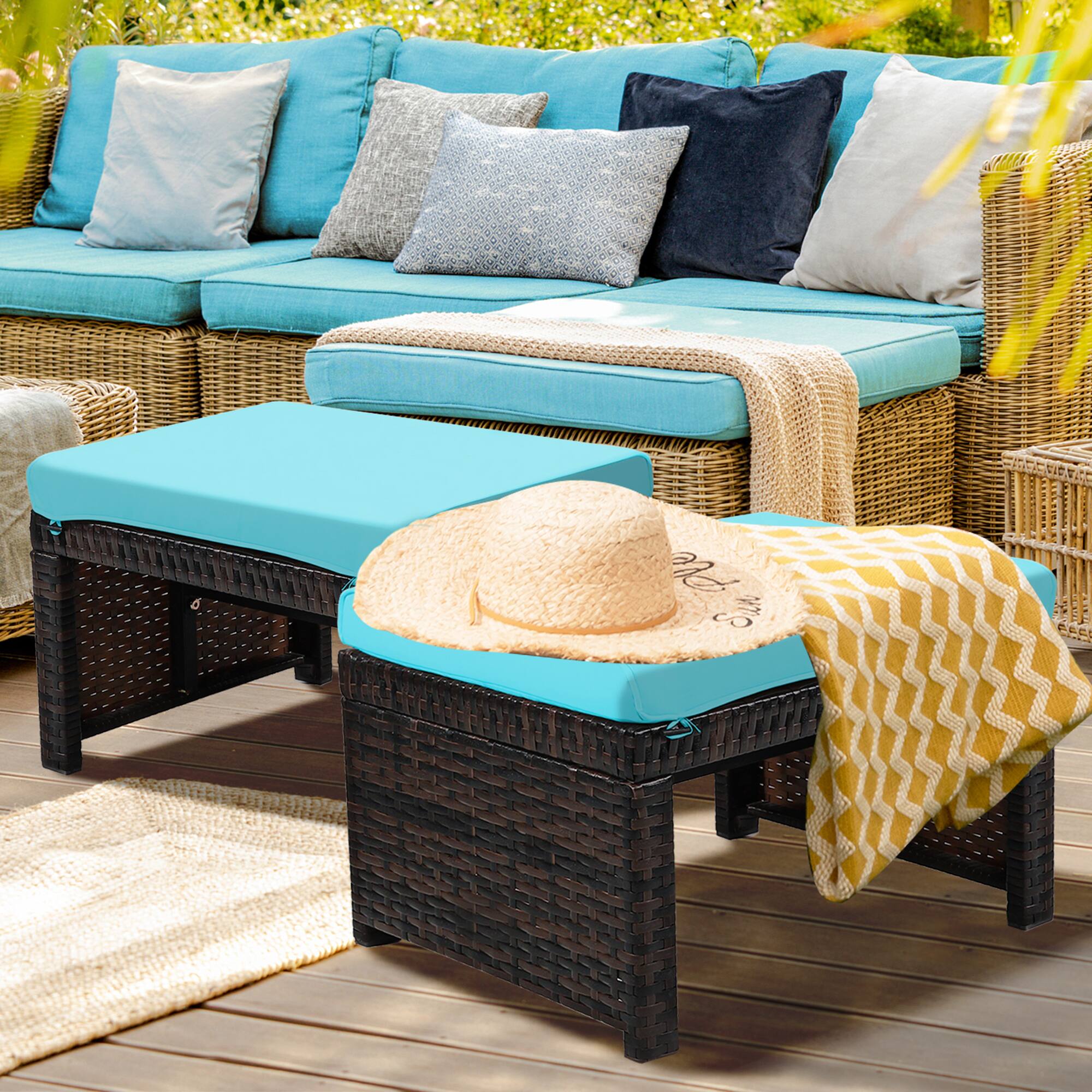 Alt View 3. Gymax - Gymax Set of 2 Rattan Ottoman Footrest Footstool Patio Furniture w/ Turquoise Cushion - Turquoise.