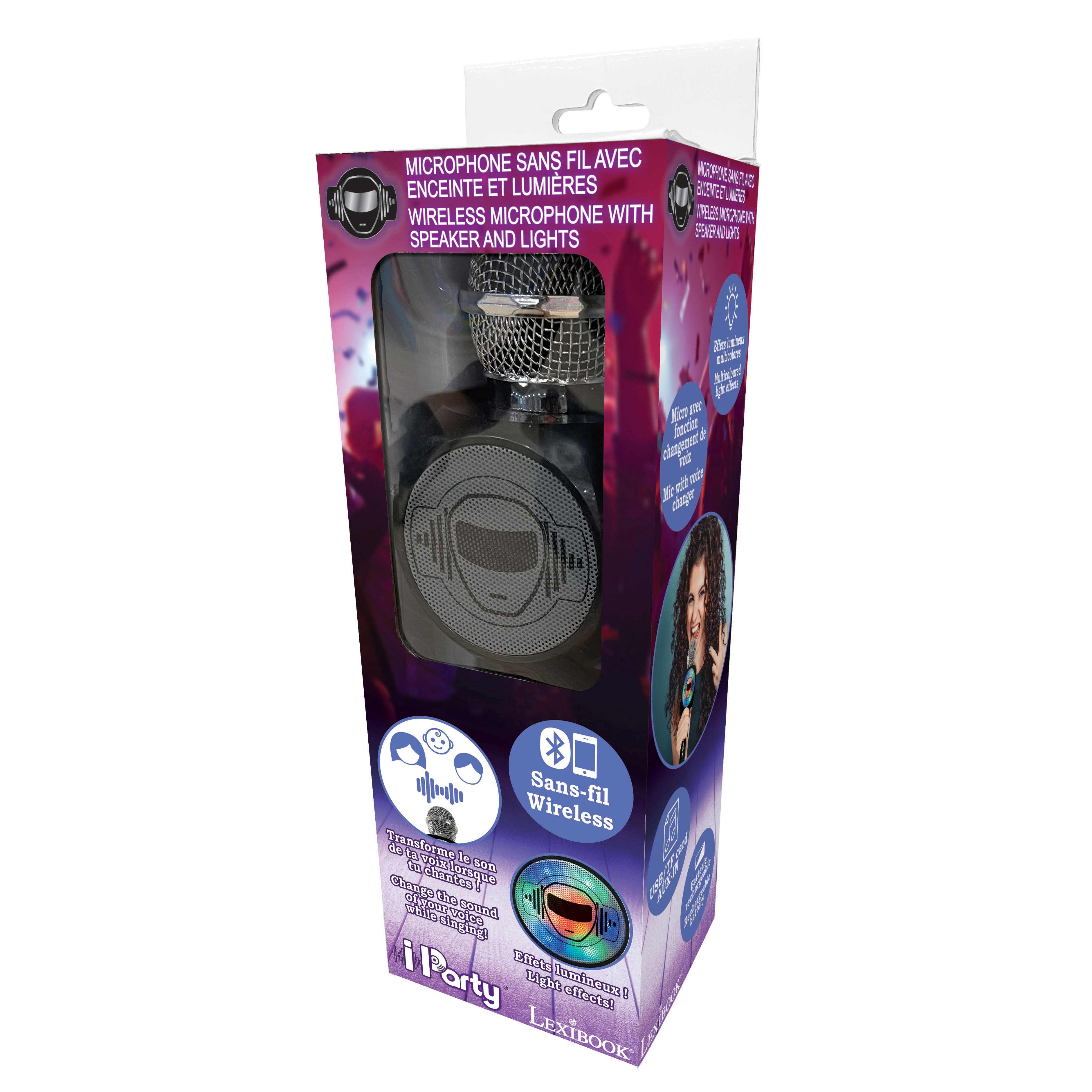 MICROPHONE SANS FIL AVEC ENCEINTE ET LUMIÈRES  
WIRELESS MICROPHONE WITH SPEAKER AND LIGHTS  

iParty  
LEXIBOOK