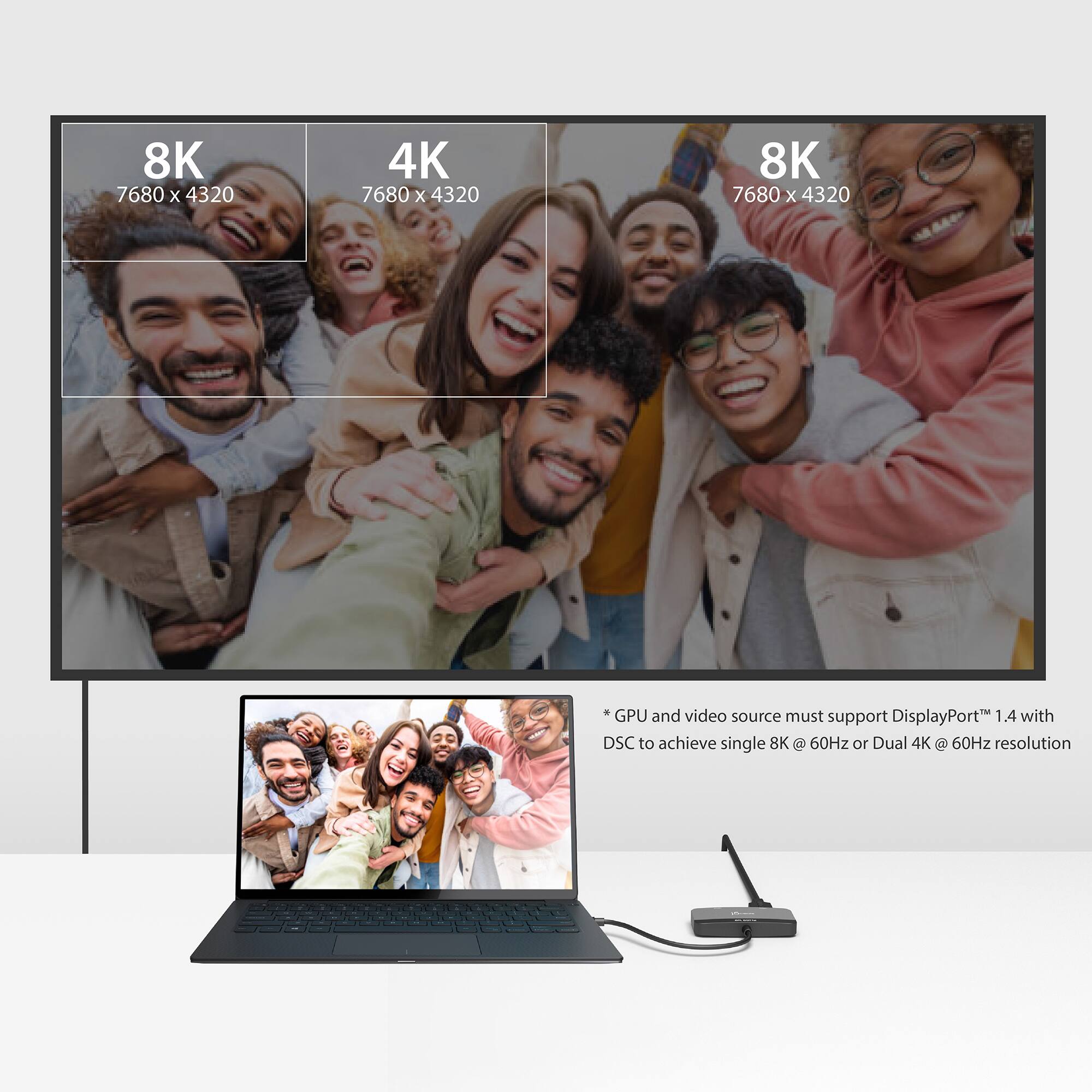 8K  
7680 x 4320  

4K  
7680 x 4320  

8K  
7680 x 4320  

GPU and video source must support DisplayPort™ 1.4 with DSC to achieve single 8K @ 60Hz or Dual 4K @ 60Hz resolution