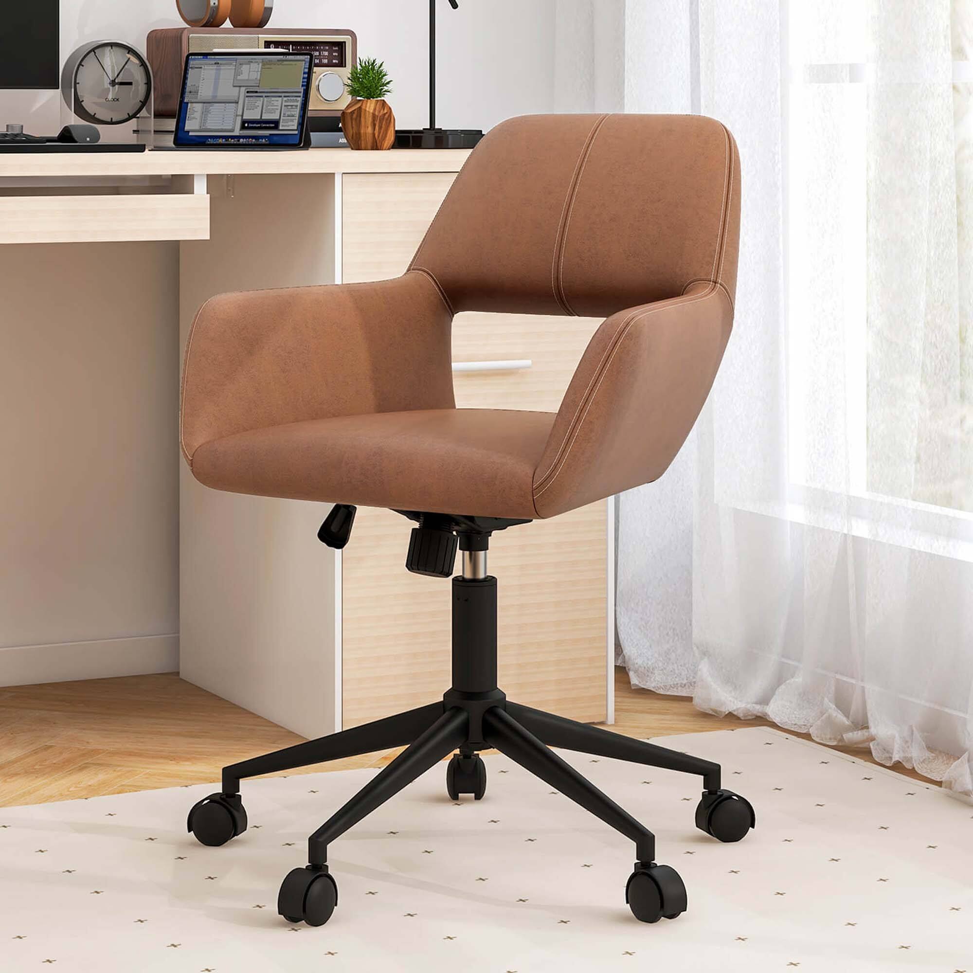 Angle. Costway - Leathaire Home Office Chair with Ergonomic Backrest Padded Armrests Casters - Retro Brown.