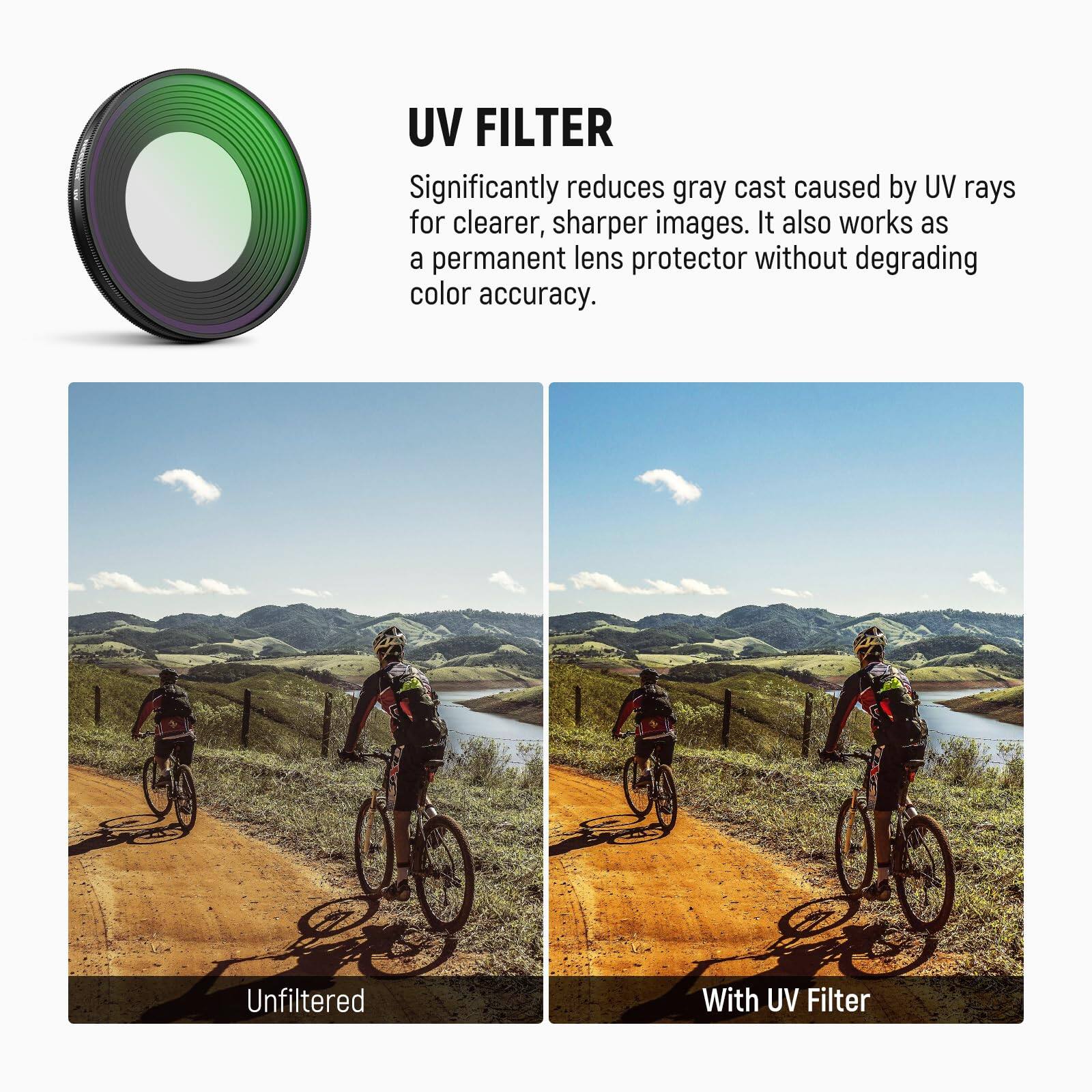 UV FILTER

Significantly reduces gray cast caused by UV rays for clearer, sharper images. It also works as a permanent lens protector without degrading color accuracy.

Unfiltered

With UV Filter