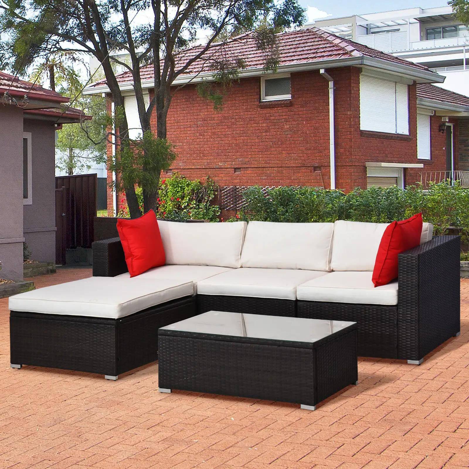 Alt View 7. Resenkos - Resenkos 5-Piece Rattan Patio Sectional Set, Brown and Cream white - Brown and Cream white.
