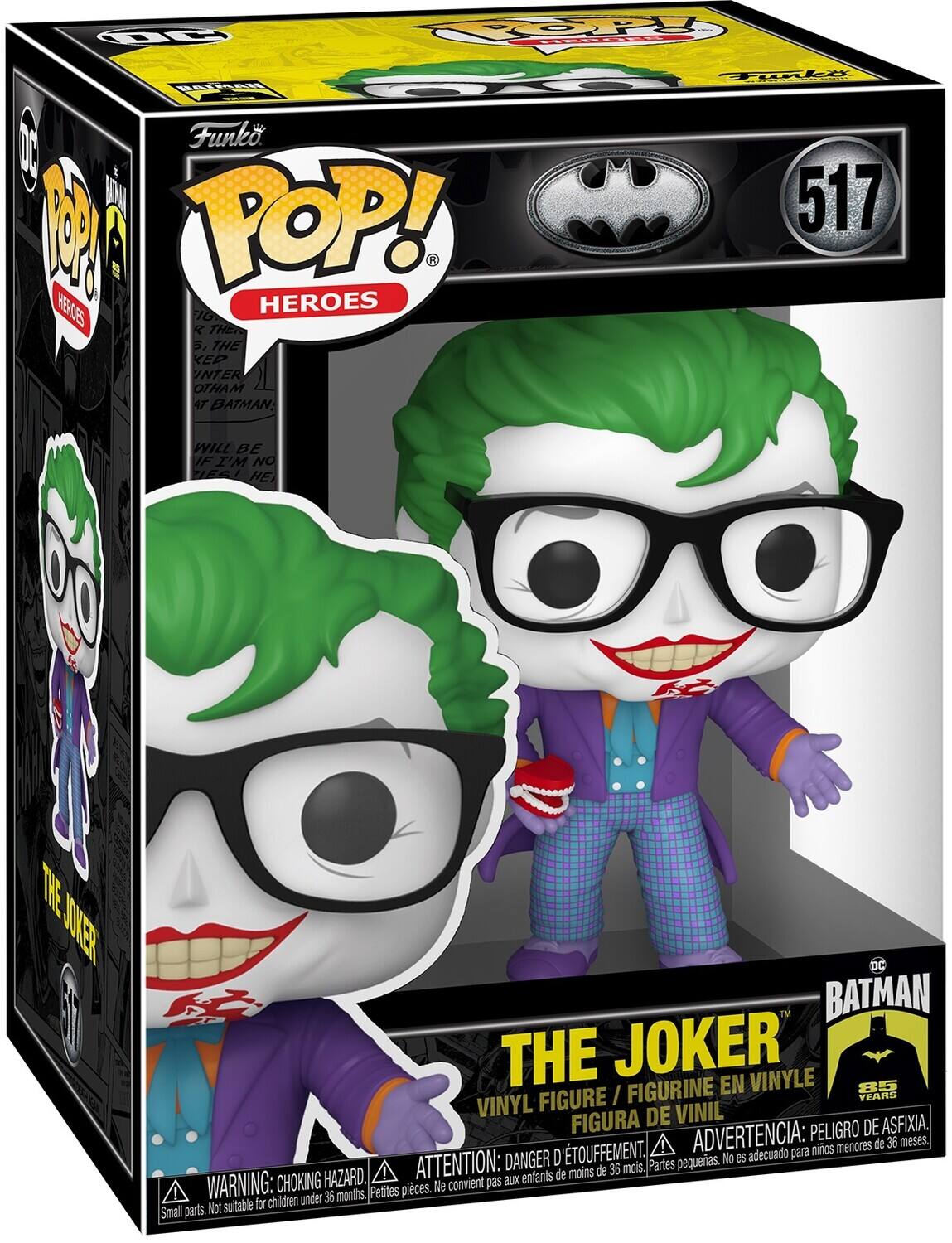 Sure, here is the corrected and grouped text from the image:

---

**Front:**
- Funko POP! Heroes
- 517
- The Joker
- Vinyl Figure / Figurine en Vinyle / Figura de Vinil
- Batman 85 Years
- Warning: Choking Hazard. Small parts. Not suitable for children under 36 months.
- Attention: Danger d'étouffement. Ne convient pas aux enfants de moins de 36 mois.
- Advertencia: Peligro de asfixia. No es adecuado para niños menores de 36 meses.

**Side:**
- DC
- POP! Heroes
- The Joker
- 517
- "I'll be the one to keep the interplay at Batman."
- "If I'm no longer the Joker, he will be!"

**Top:**
- DC
- Batman 85 Years

**Bottom:**
- Funko
- © 2021 DC Comics, Inc. All Rights Reserved.
- © 2021 Funko, Inc. All Rights Reserved.

---
