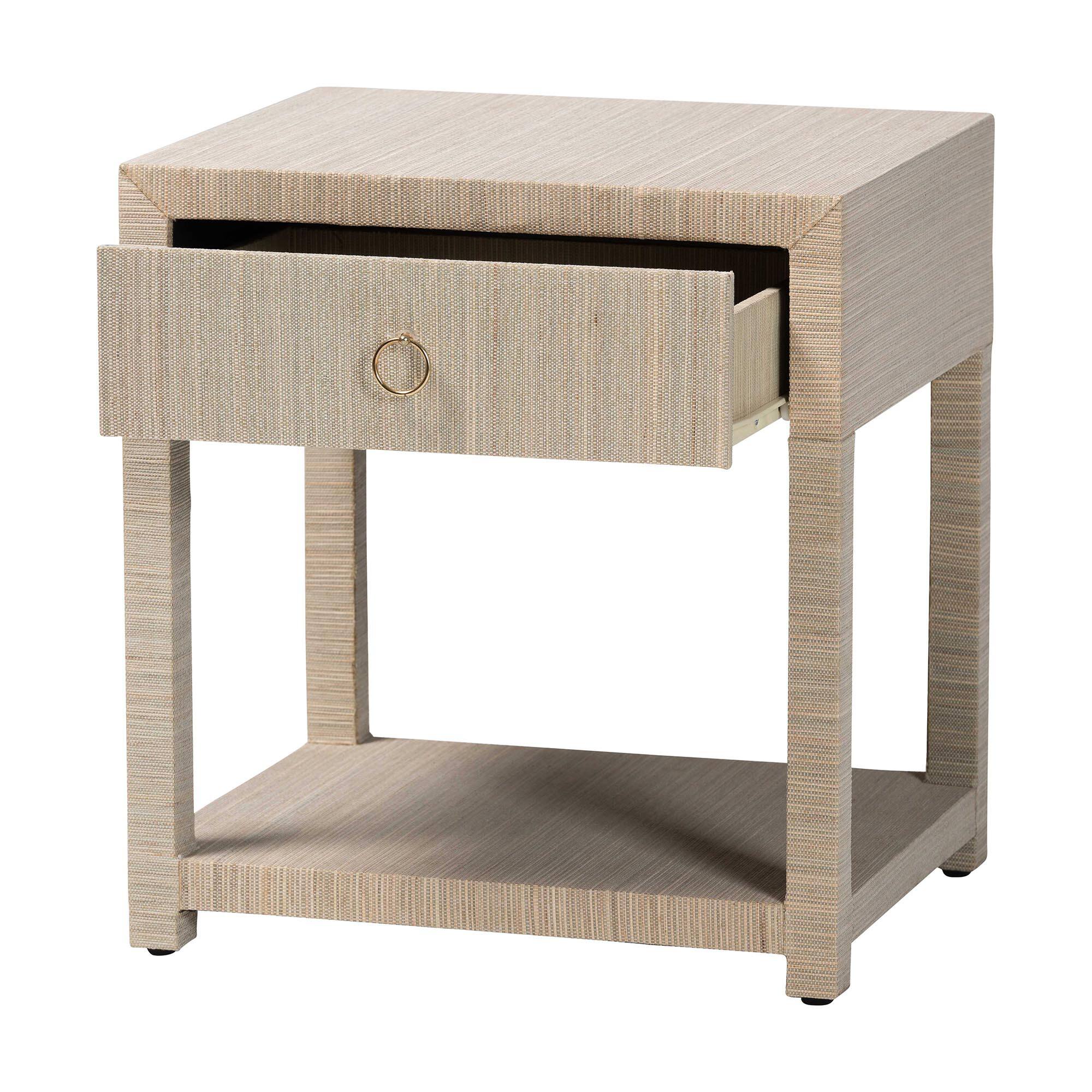 Angle. bali & pari - Nata Bohemian Woven Natural Grasscloth 1-Drawer Nightstand - Natural/Gold.