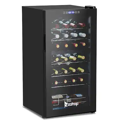 Front. Winado - Dual Zone Wine and Beverage Refridgerator, 28 Bottle Wine Fridge with Independent Temperature Control & Glass Door - Black.
