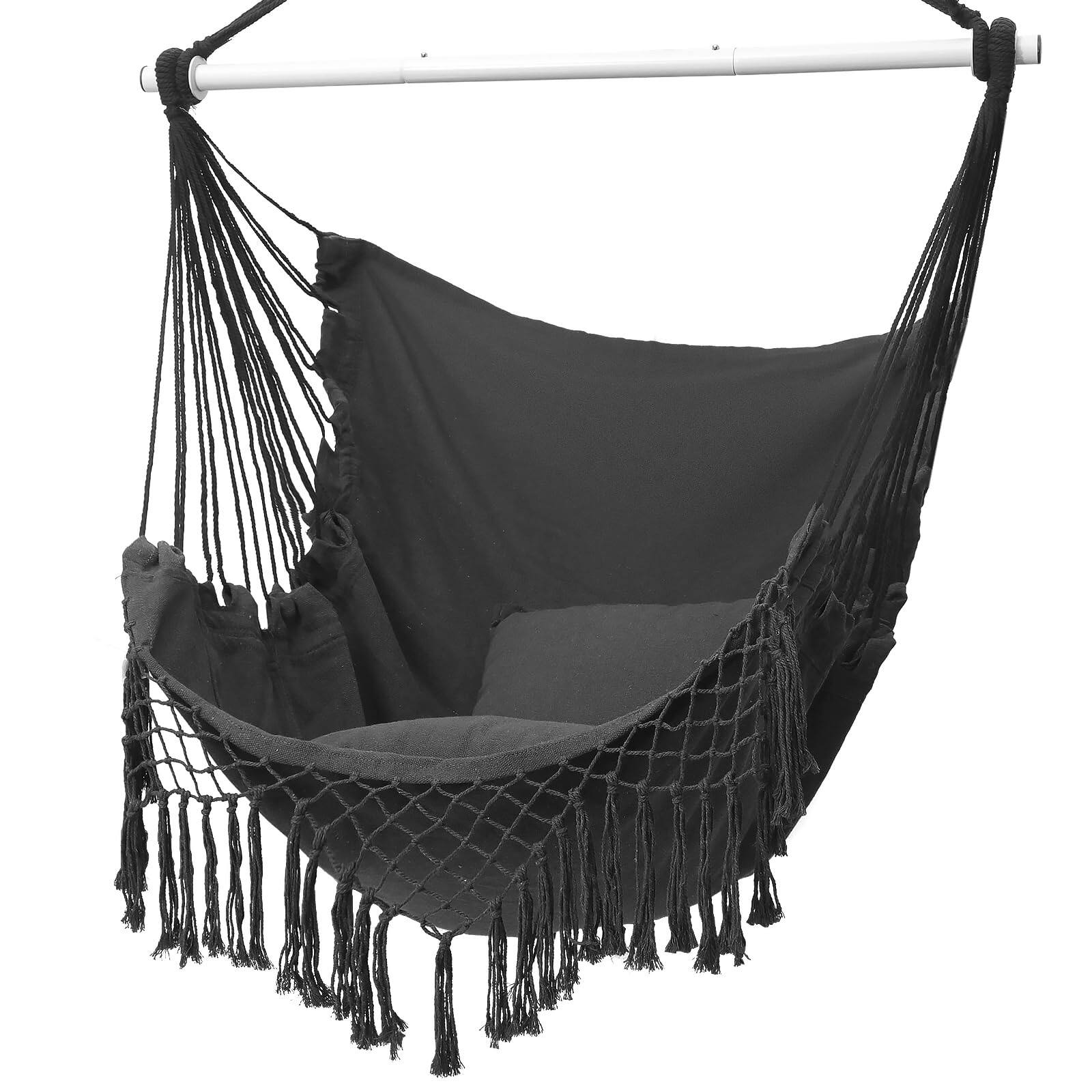 Front. JETRANSPORT - Hammock Chair Hanging Rope Swing Seat With 2 Cushions Macrame Side Pocket High Load-bearing Metal Rod For - Dark Grey.
