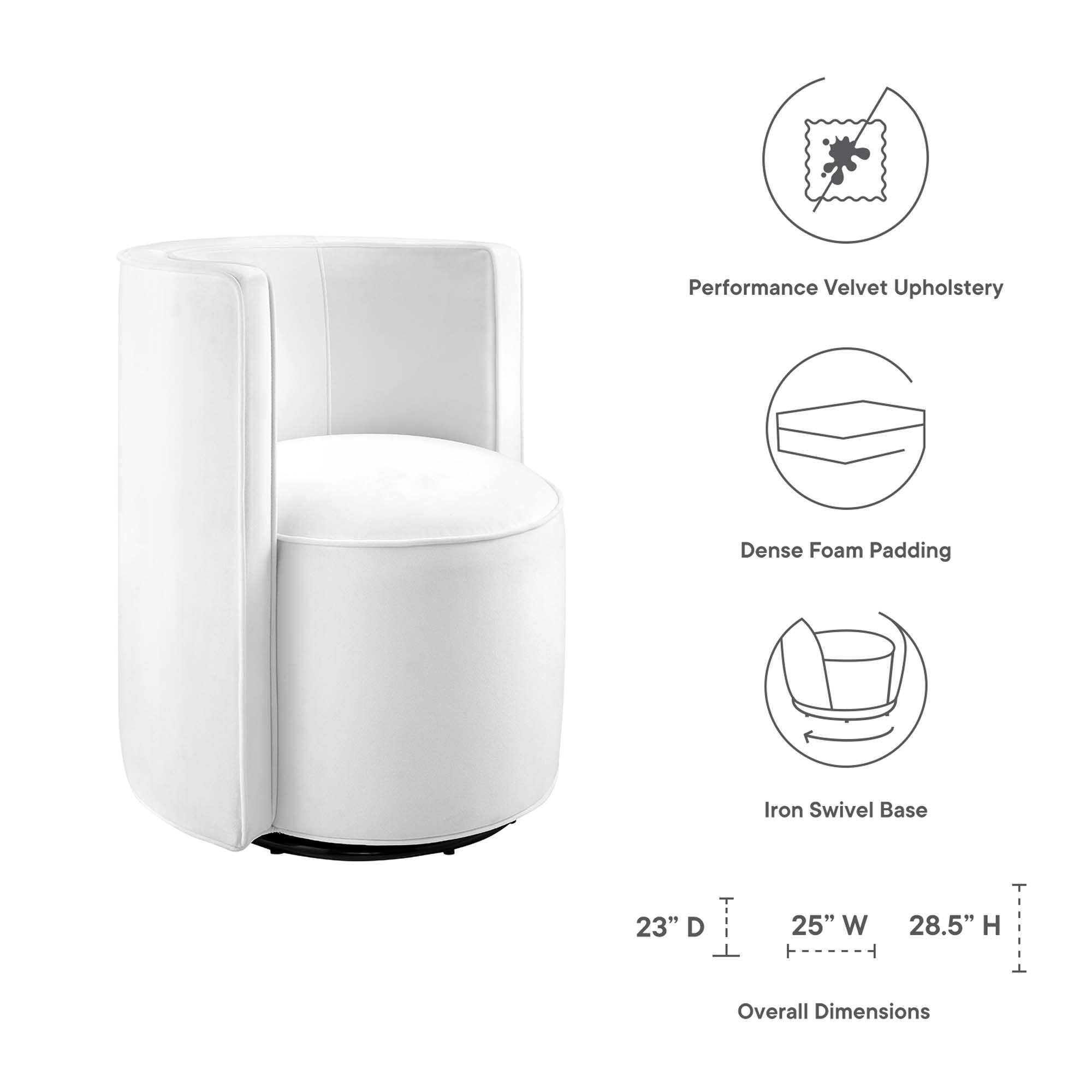 Performance Velvet Upholstery  
Dense Foam Padding  
Iron Swivel Base  

23" D  
25" W  
28.5" H  

Overall Dimensions