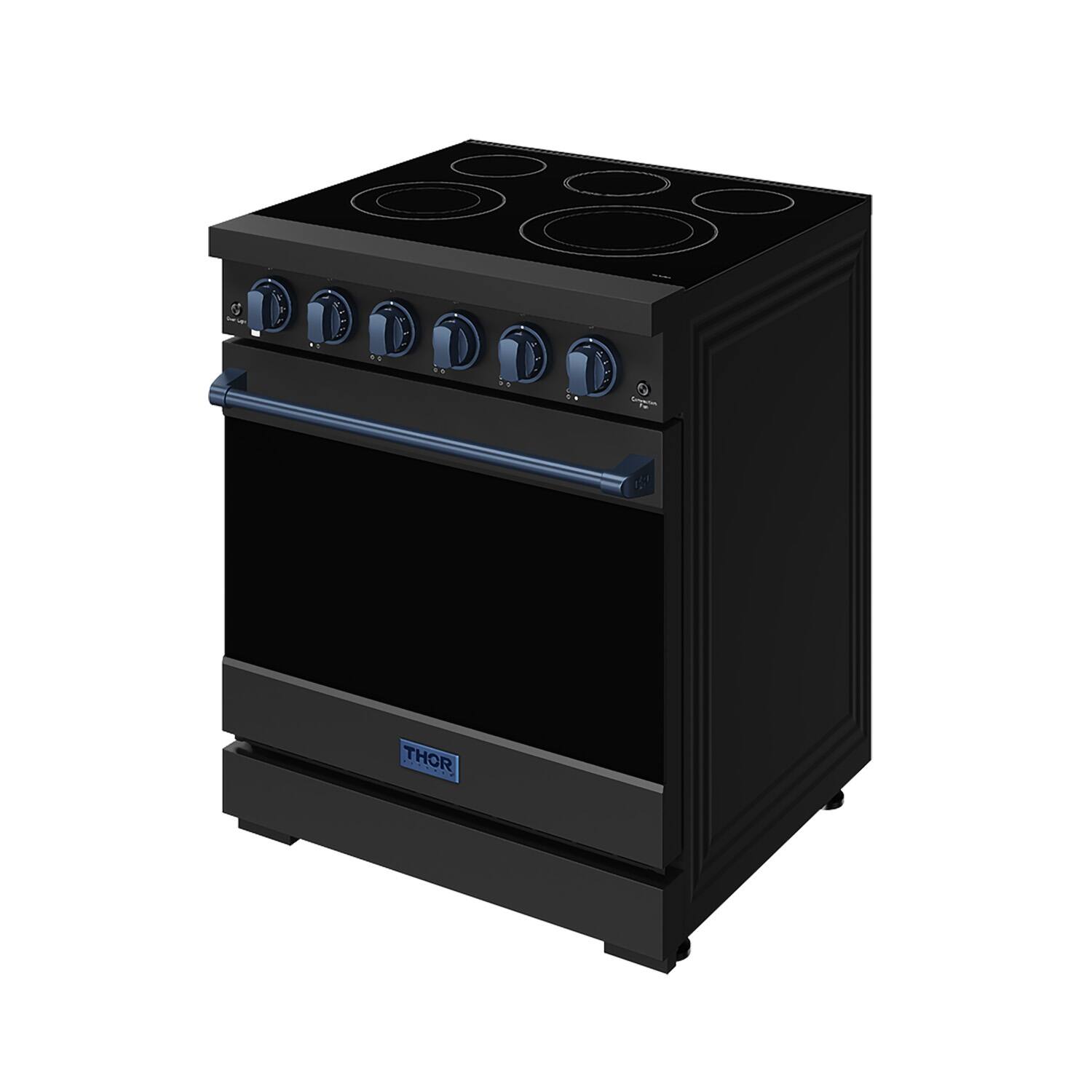 Left. Thor Kitchen - Gordon Ramsay Series by Thor Kitchen 4.55 Cu. Ft Freestanding Electric Range with Navy Blue Hardware - Matte Black.