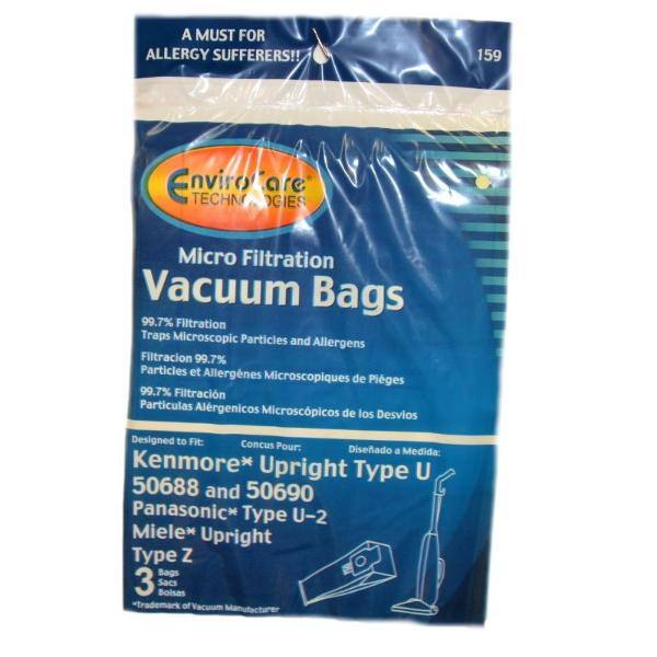 A MUST FOR ALLERGY SUFFERERS!!  
159  
Envirotech Technologies  
Micro Filtration Vacuum Bags  
99.7% Filtration Traps Microscopic Particles and Allergens  
Filtración 99.7% Partículas y Alergénicos Microscópicos de Polen  
Filtración 99.7% Particulas Alérgenicos Microscópicos de los Desvios  

Designed to Fit:  
Conçu Pour:  
Diseñado a Medida:  
Kenmore* Upright Type U 50688 and 50690  
Panasonic* Type U-2  
Miele* Upright Type Z  

3 Bags  
3 Sacs  
3 Bolsas  

*Trademark or Vacuum