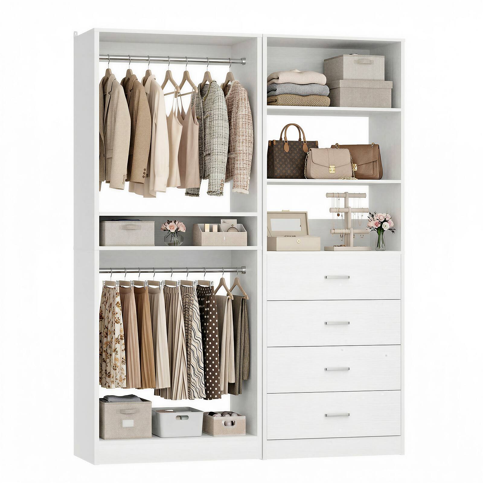 Angle. Aheaplus - 46.3" Walk-in Closet Organizer System with 4 Wooden Drawers and 2 Hanging Rods - White.