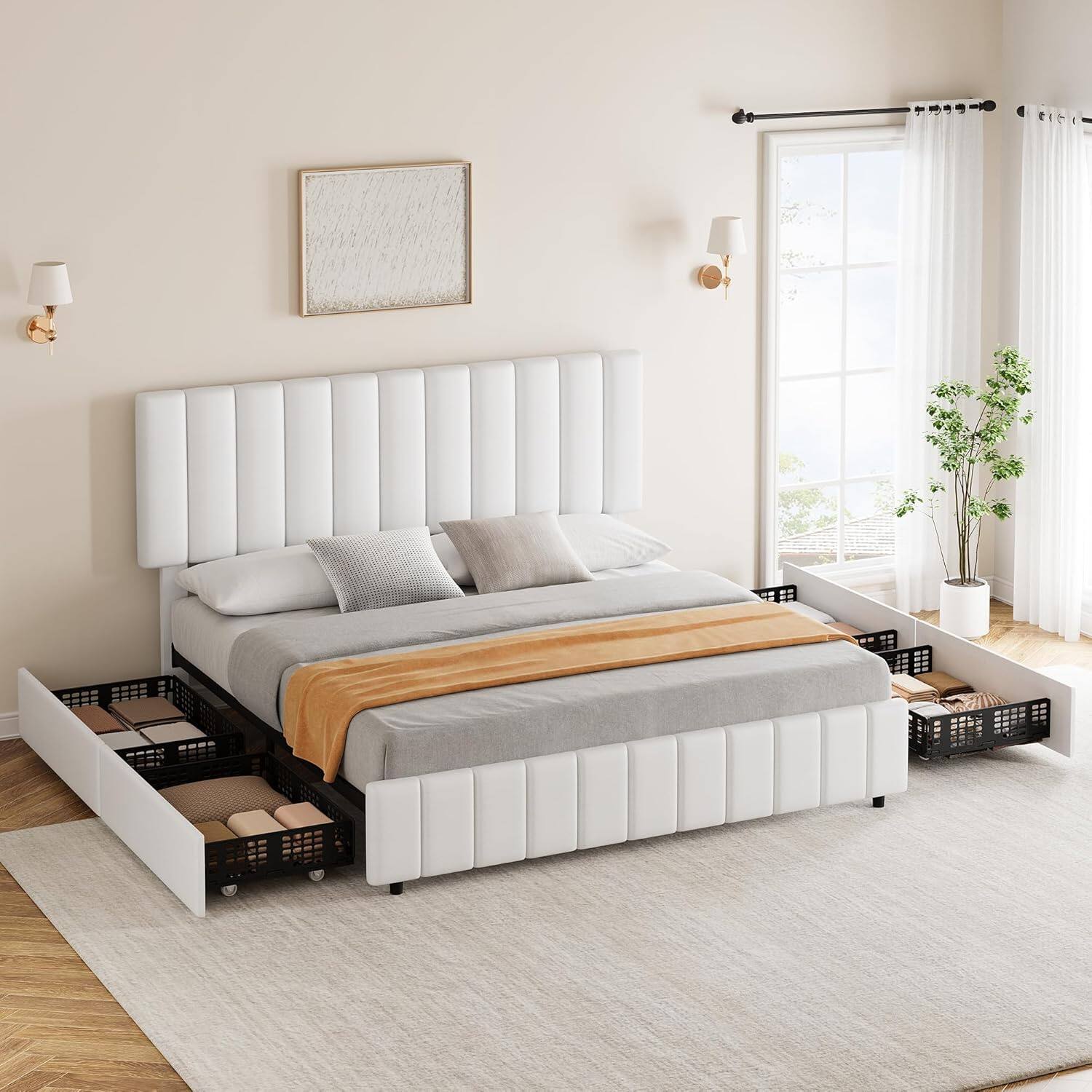 Left. Jojoka - QUEEN Size Platform Bed Frame with 4 Storage Drawers, Adjustable Headboard, Wood Slats, No Box Spring, White - White.