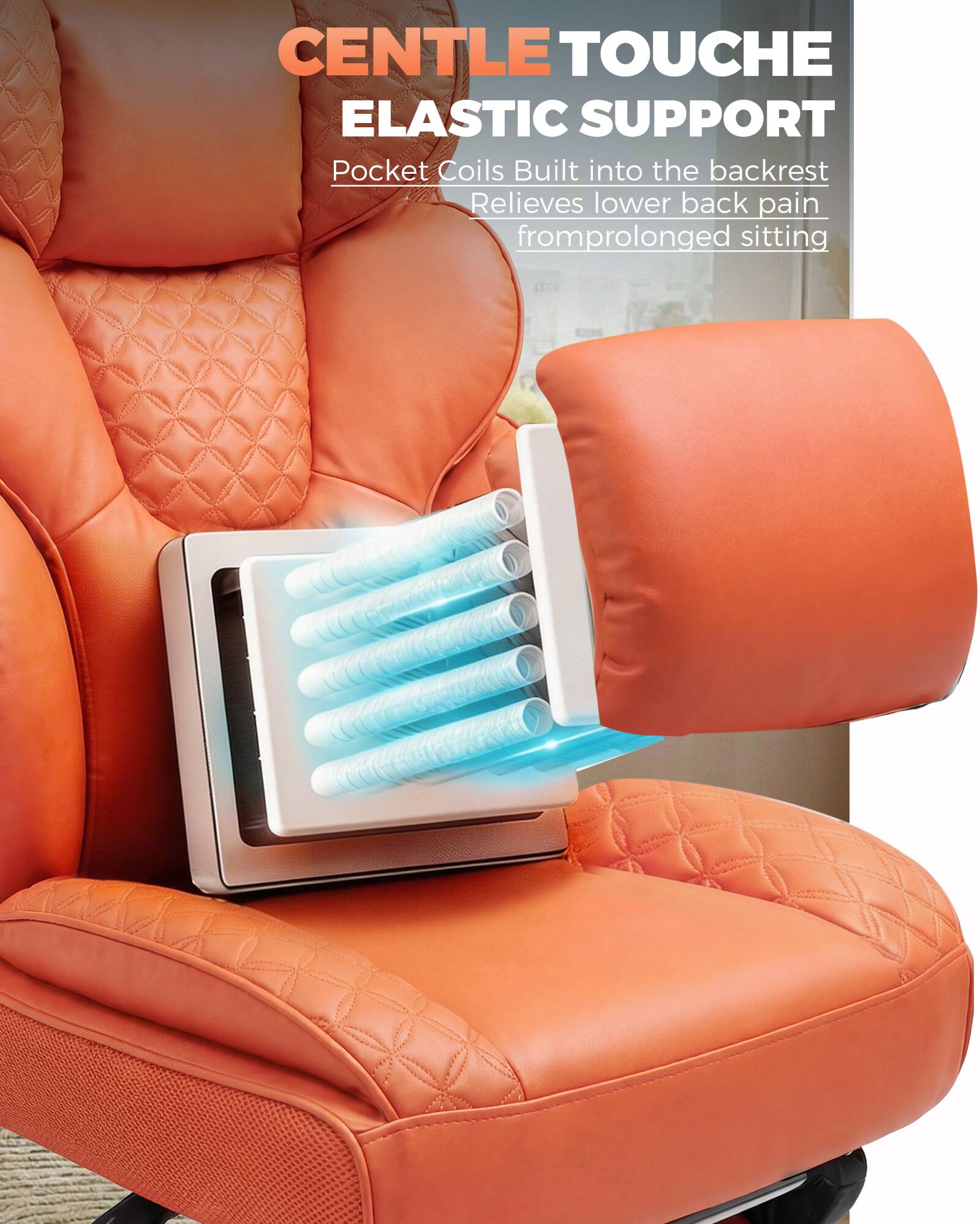 CENTLE TOUCHE  
ELASTIC SUPPORT  
Pocket Coils Built into the backrest  
Relieves lower back pain from prolonged sitting