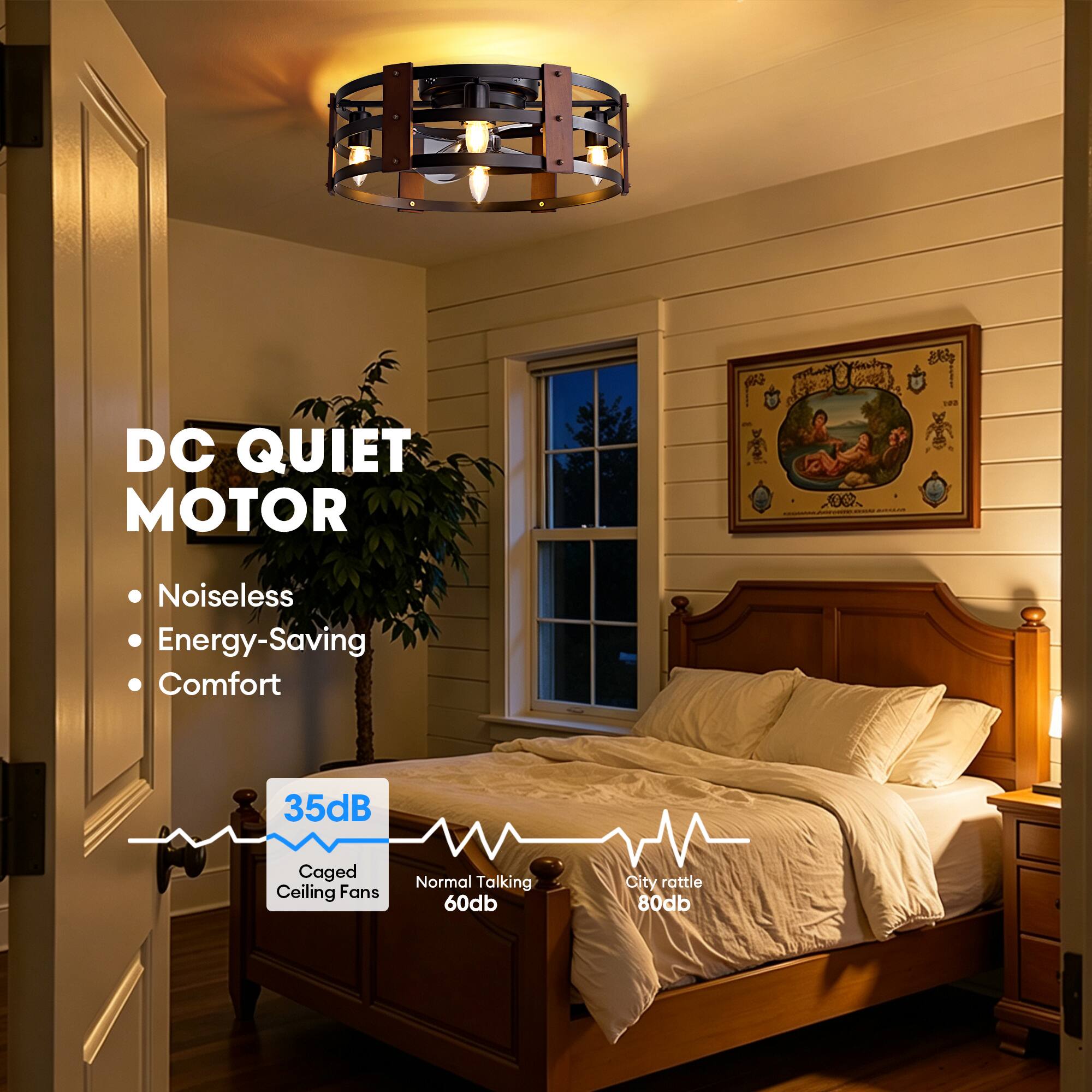 DC QUIET MOTOR  
100%  
Noiseless Energy-Saving Comfort  
35dB  
Caged Ceiling Fans  
Normal Talking 60db  
City rattle 80db
