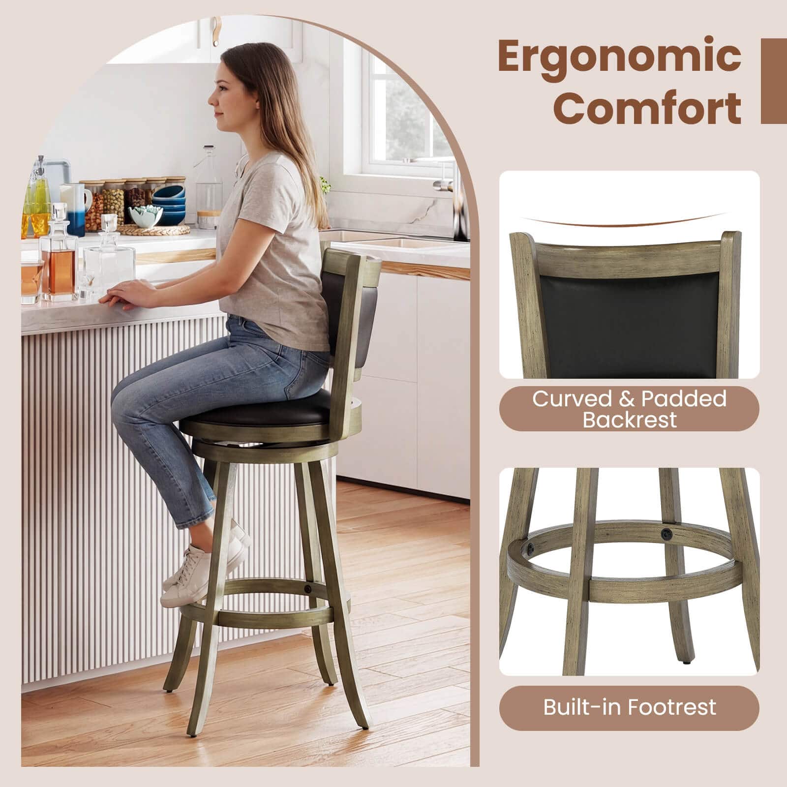 Costway Swivel Bar Stools with Solid Rubber Wood Frame Set of 2