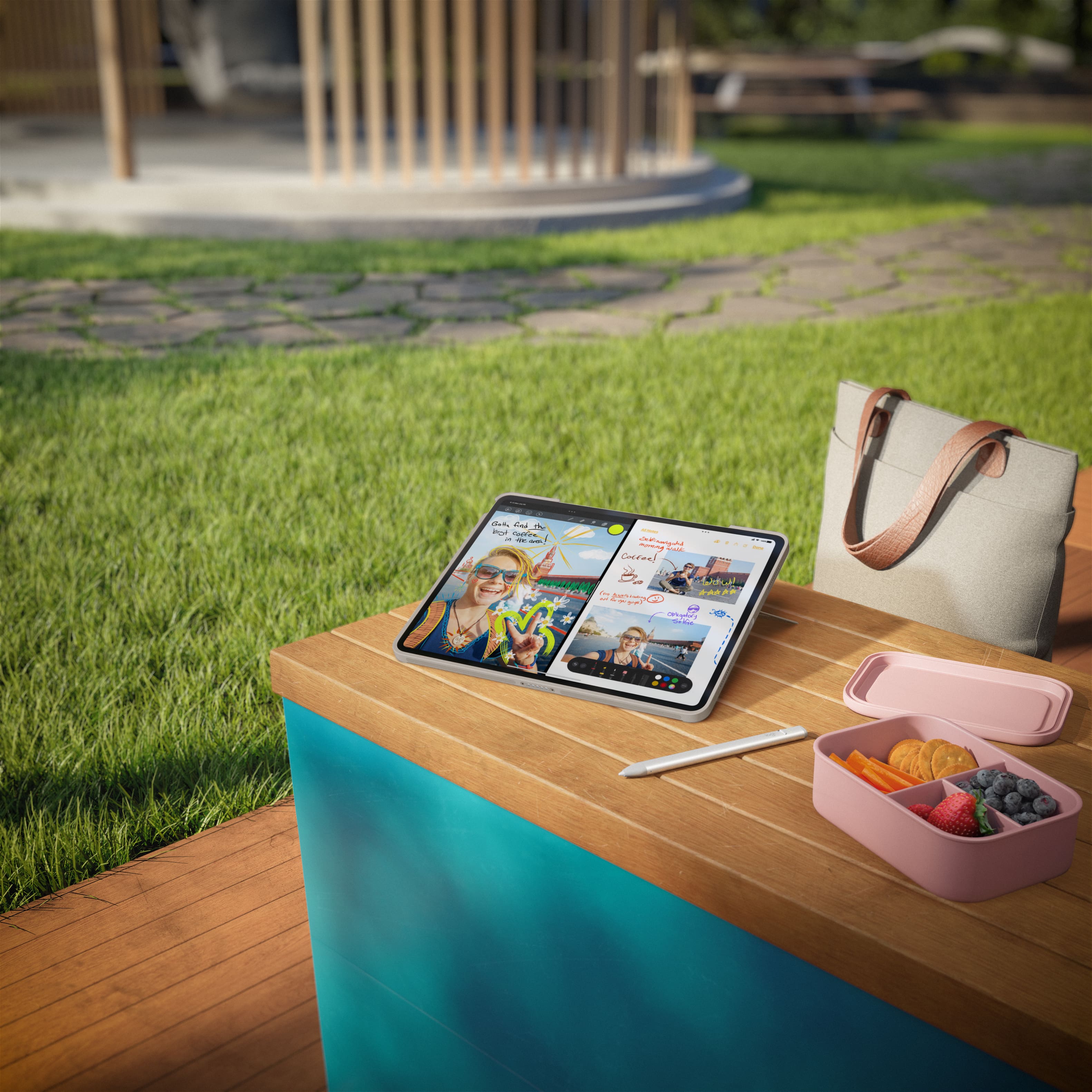 The image features a wooden table with a laptop and a handbag placed on it. The laptop is open, displaying a news article. There is also a bowl of fruit, including apples and oranges, on the table. The scene appears to be set outdoors, possibly in a park or a similar location.