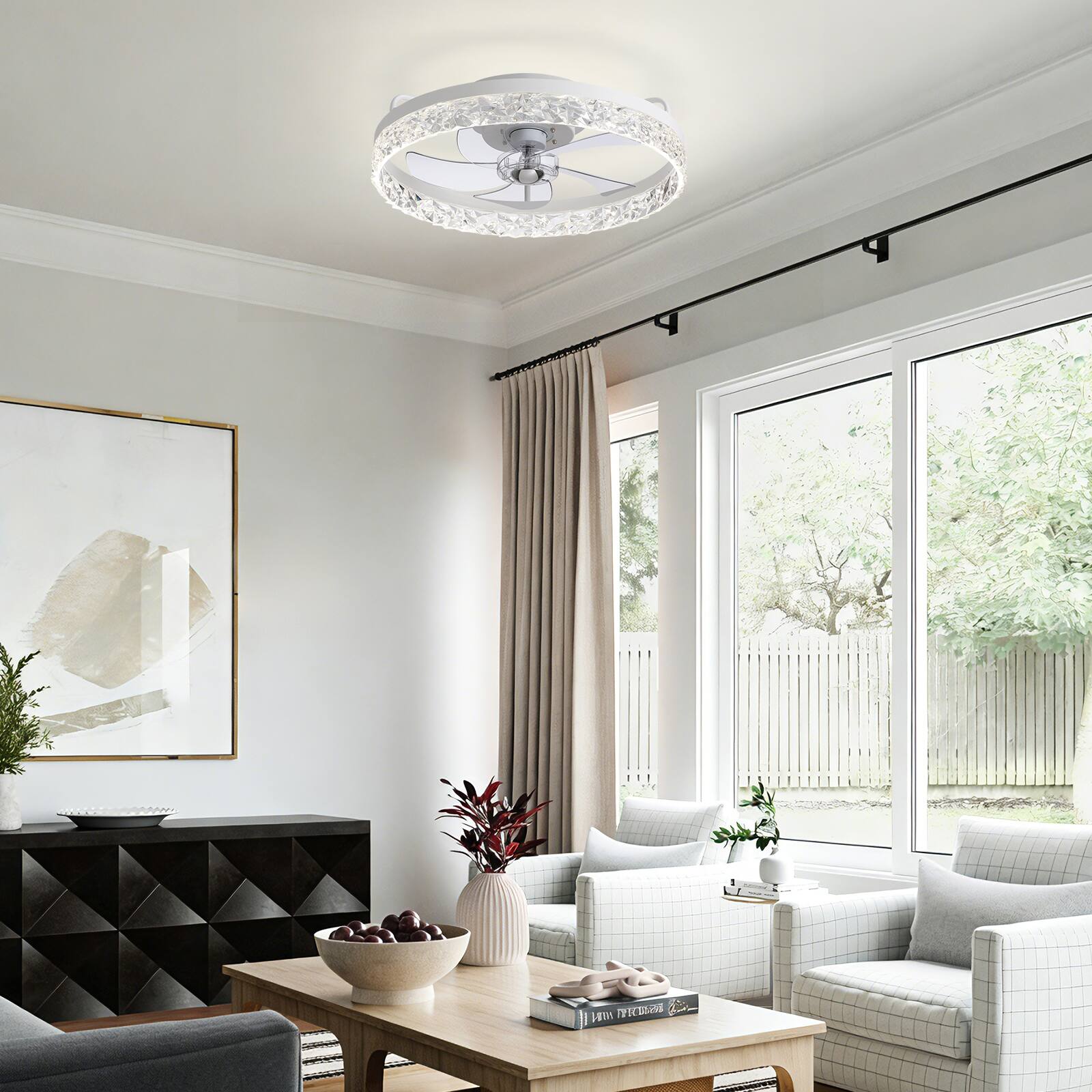 Alt View 4. Siljoy - 20-22-inch Luxury Crystal Flush Mount Fan Light Dimmable Quiet for Bedroom and Living Room - White.