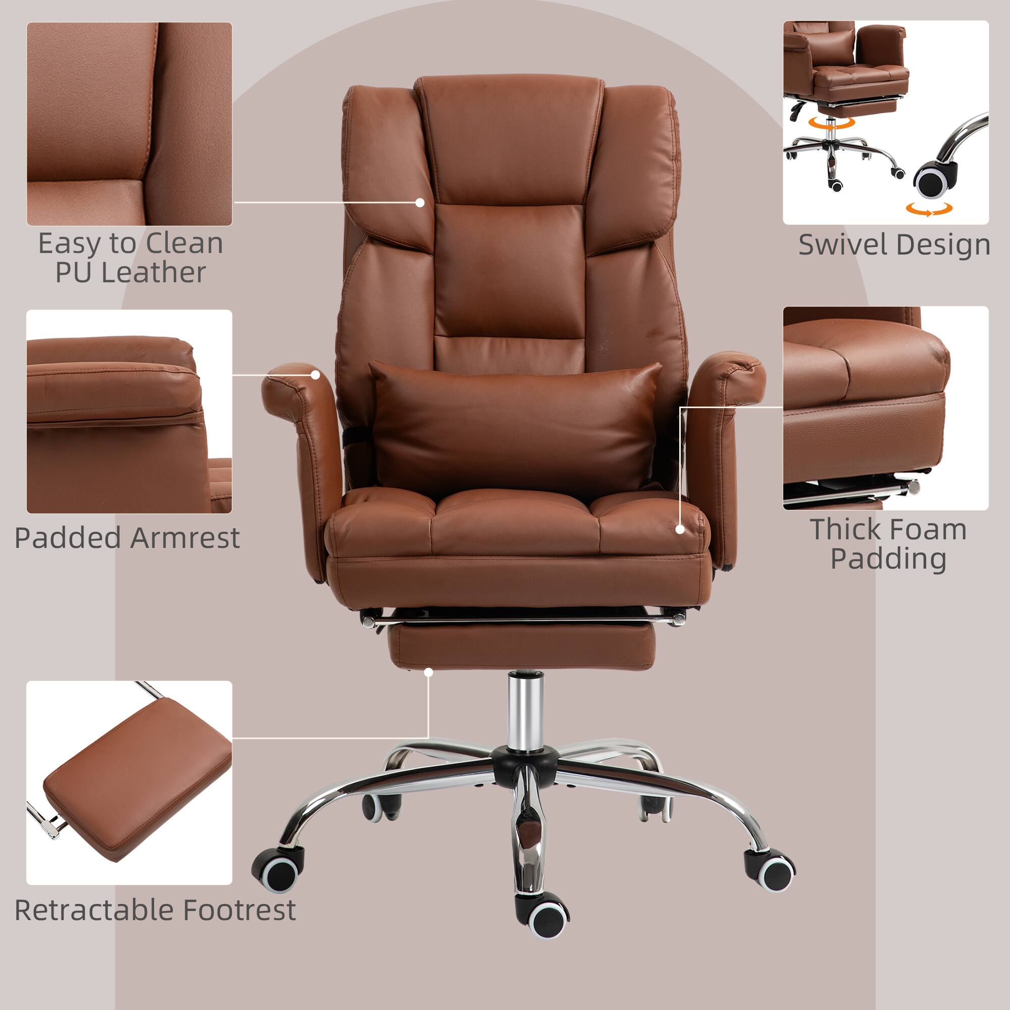 Easy to Clean PU Leather  
Swivel Design  
Padded Armrest  
Thick Foam Padding  
Retractable Footrest