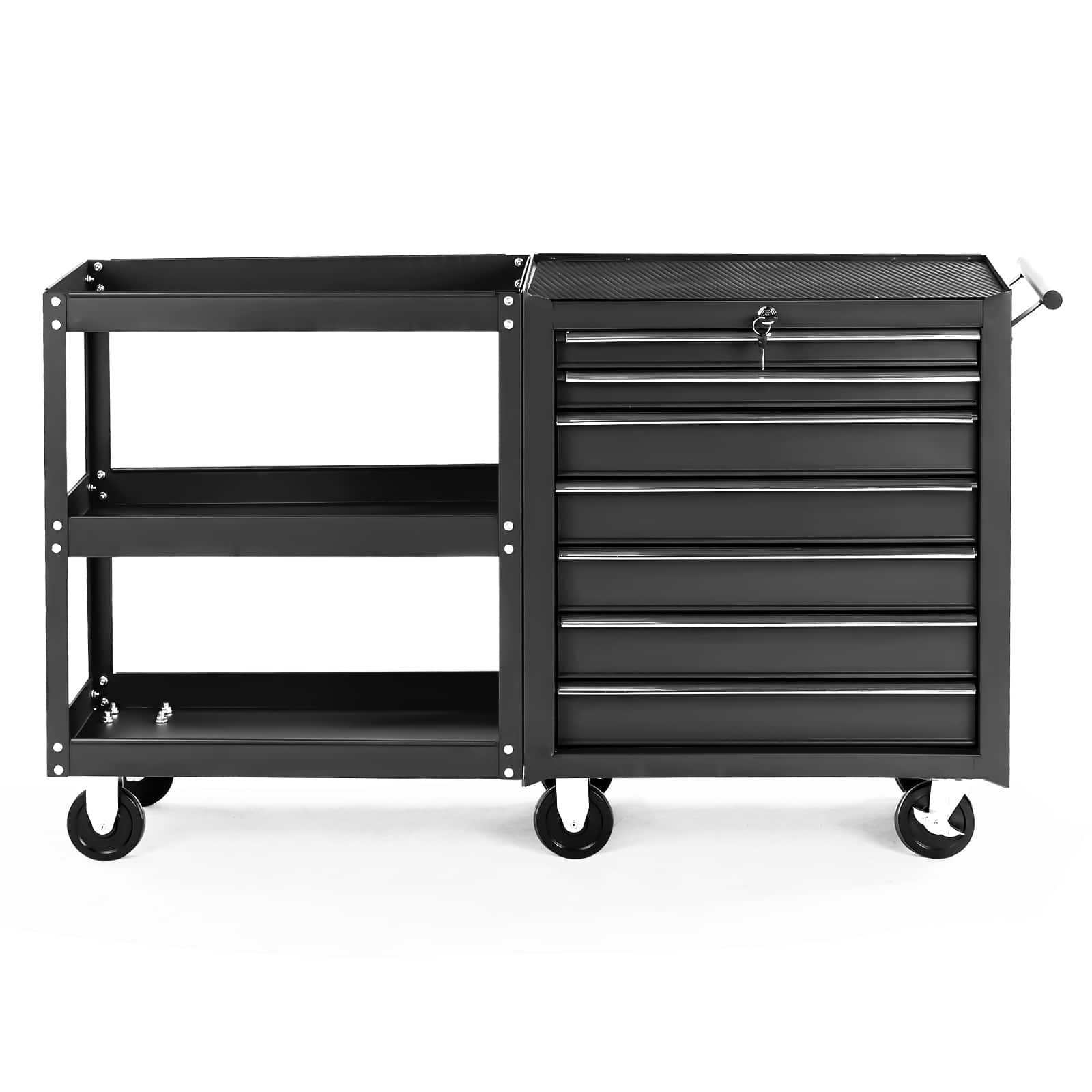 Winado - 7-Drawer Tool Chest with Side Shelves, Lock & Key, 6 Wheels Tool Box Organizer - Black