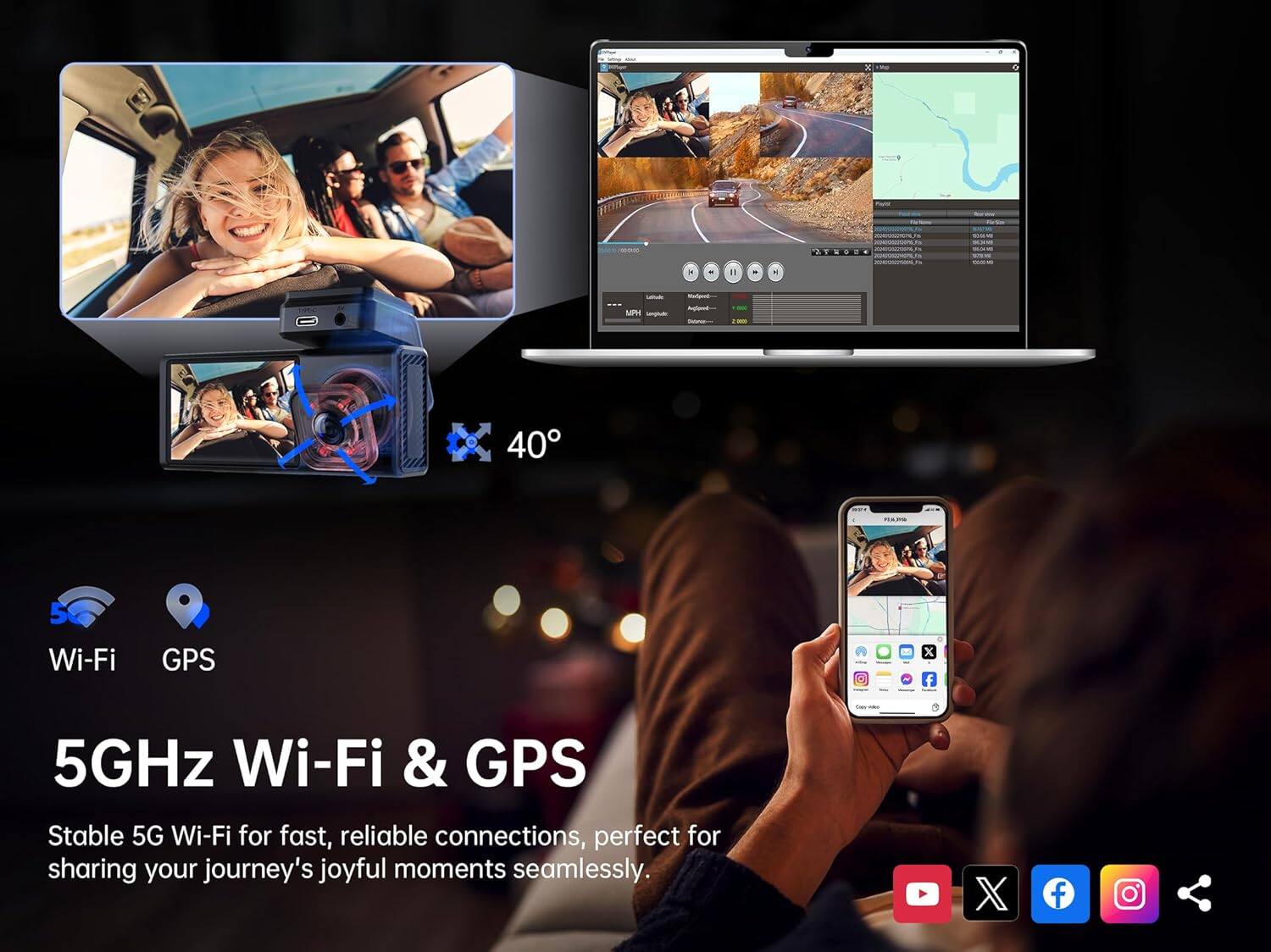 - 1. M
- 40 5 Wi-Fi GPS
- 5GHz Wi-Fi & GPS
- Stable 5G Wi-Fi for fast, reliable connections, perfect for sharing your journey's joyful moments seamlessly.