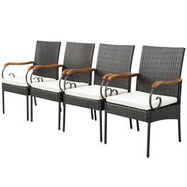 Gymax - Set of 4 PE Wicker Acacia Wood Chairs Armrests w/ Soft Zippered Cushion Garden Patio - Mix Brown, White