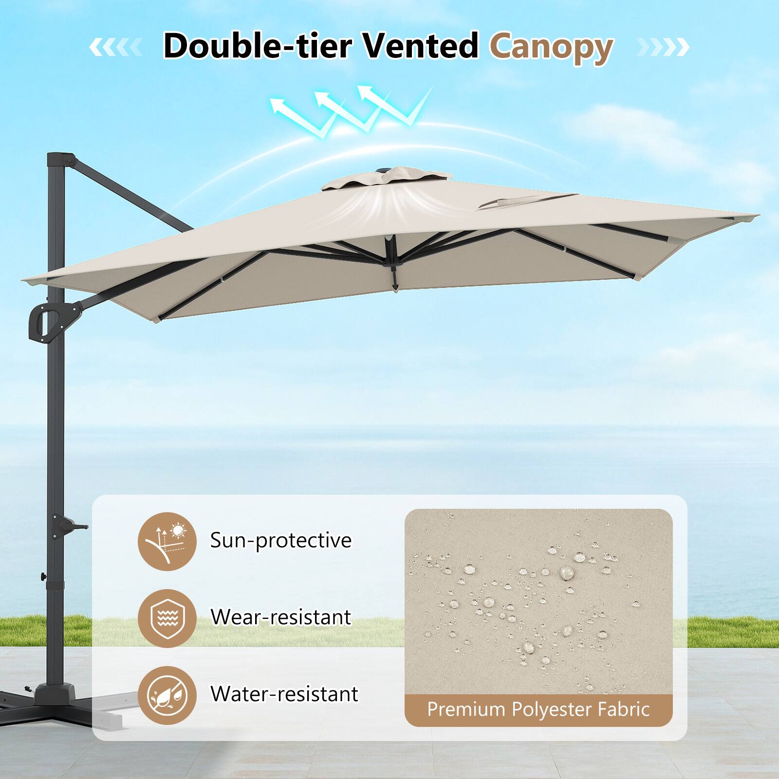 Double-tier Vented Canopy

Sun-protective
Wear-resistant
Water-resistant

Premium Polyester Fabric