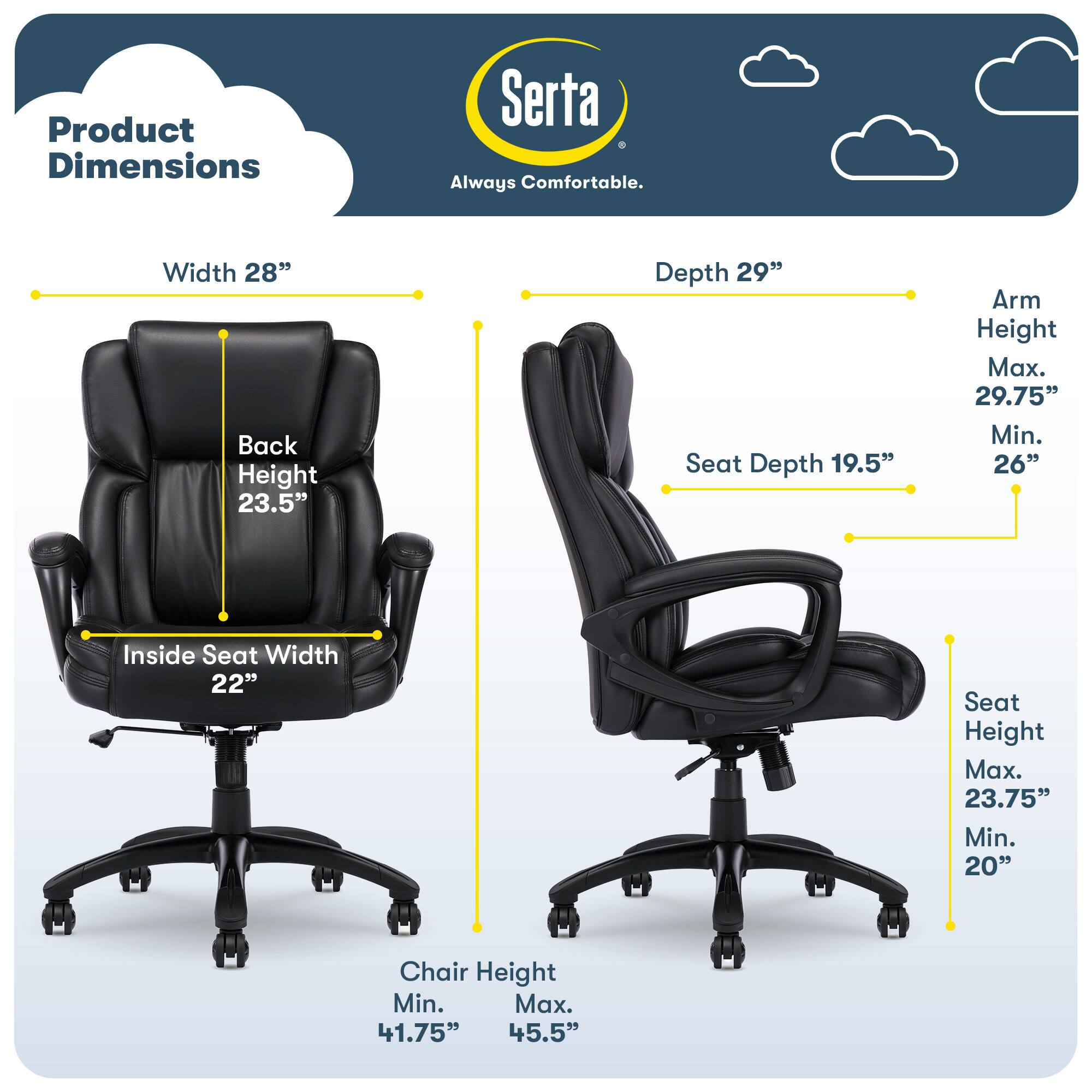 Alt View 11. Serta - Ergonomic Executive Office Chair with Lumbar Support Cushioned Headrest Padded Arms Reclining Swivel Leather Garret - Space Black.
