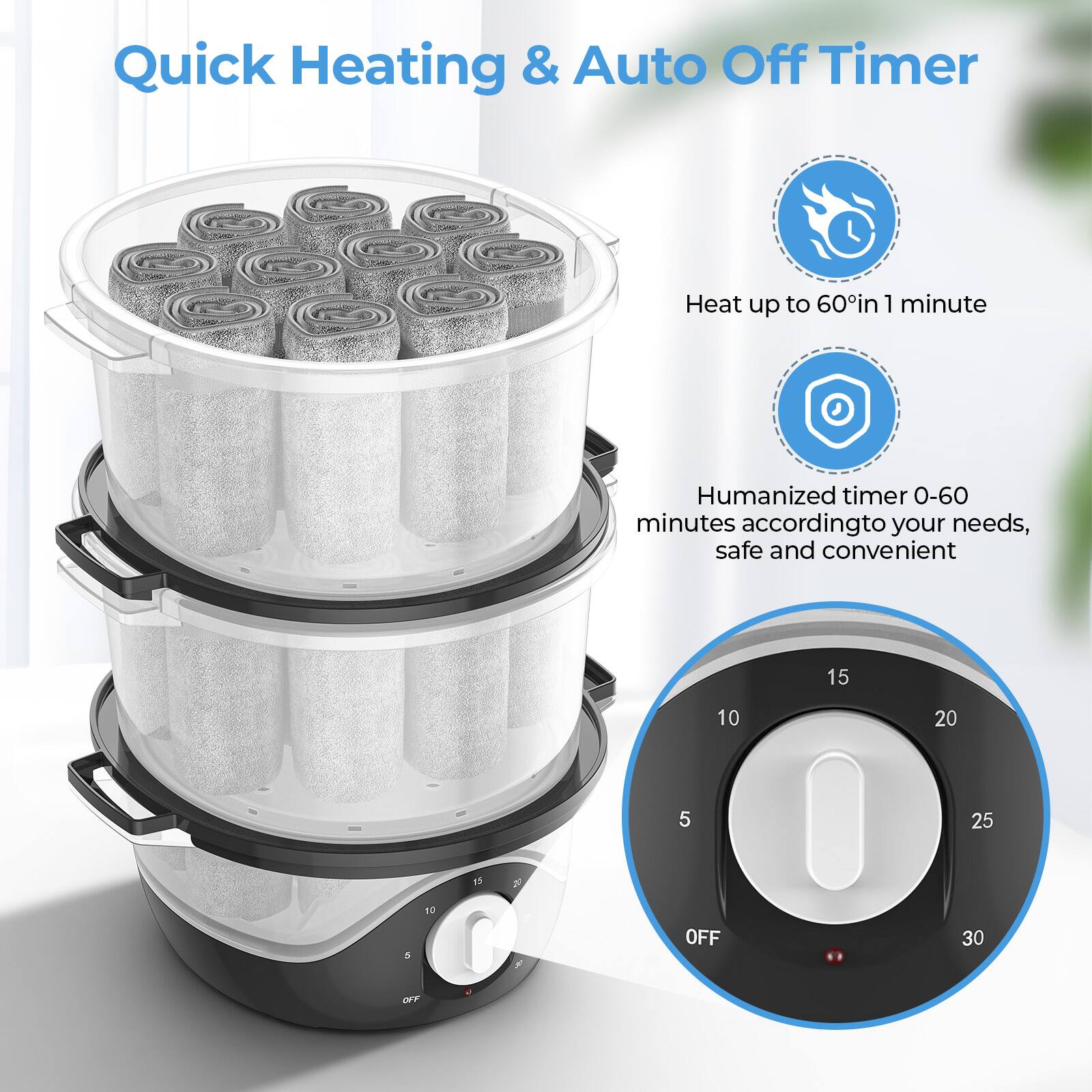 Quick Heating & Auto Off Timer

Heat up to 60° in 1 minute

Humanized timer 0-60 minutes according to your needs, safe and convenient

15 10 20 5 25 OFF 30