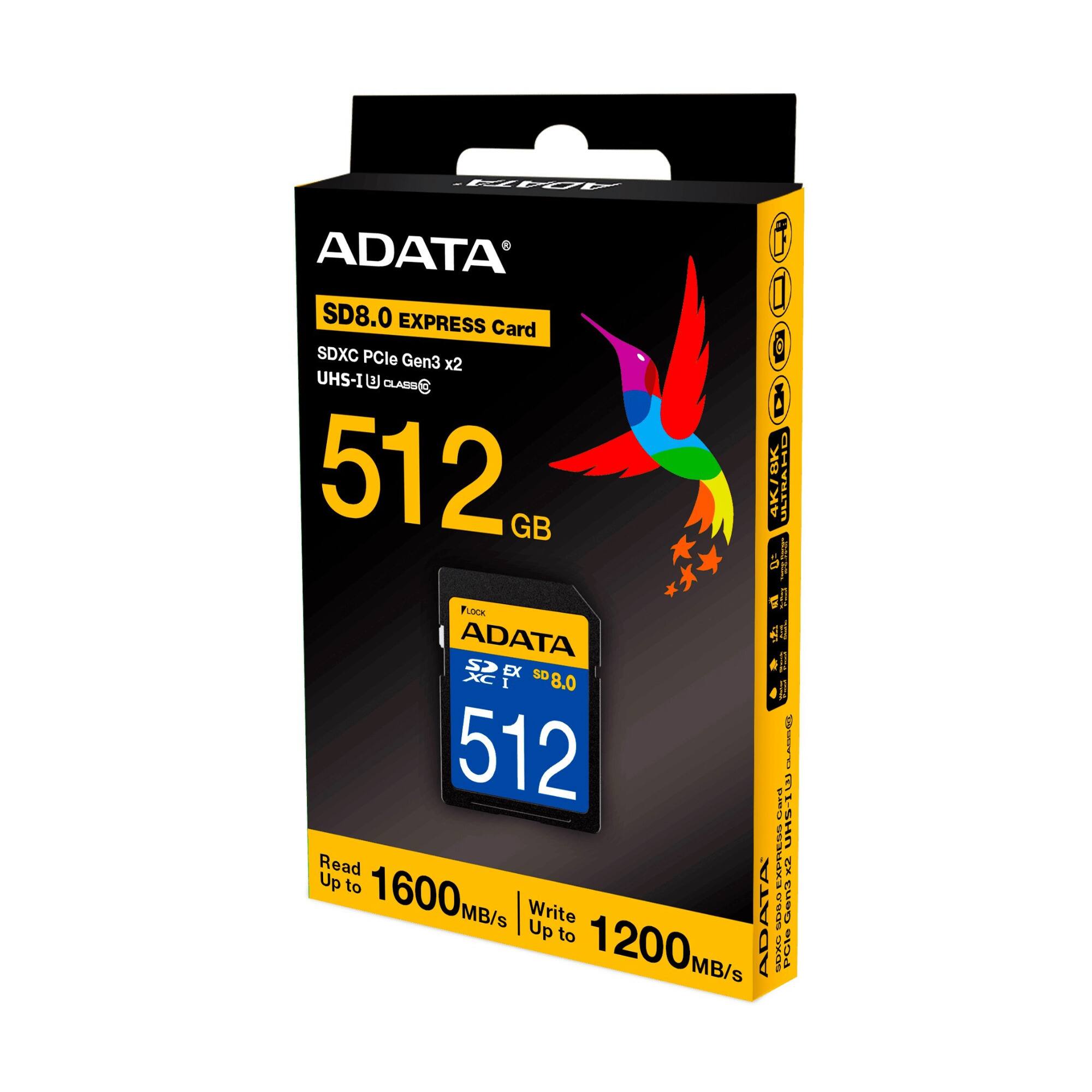 ADATA SD8.0 EXPRESS Card SDXC PCIe Gen3 x2 UHS-I U1 CL10 512 GB 4/BK ULTRAHC 3.0

Read up to 1600 MB/s Write up to 1200 MB/s

ADATA 500D EUSD