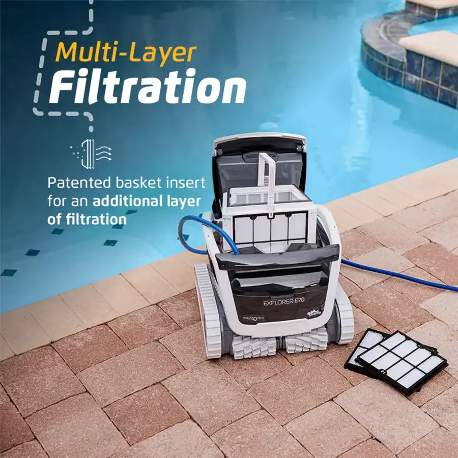 The text on the image is grouped and corrected as follows:

"Multi-Layer Filtration: Patented basket insert for an additional layer of filtration. Explorer E70."