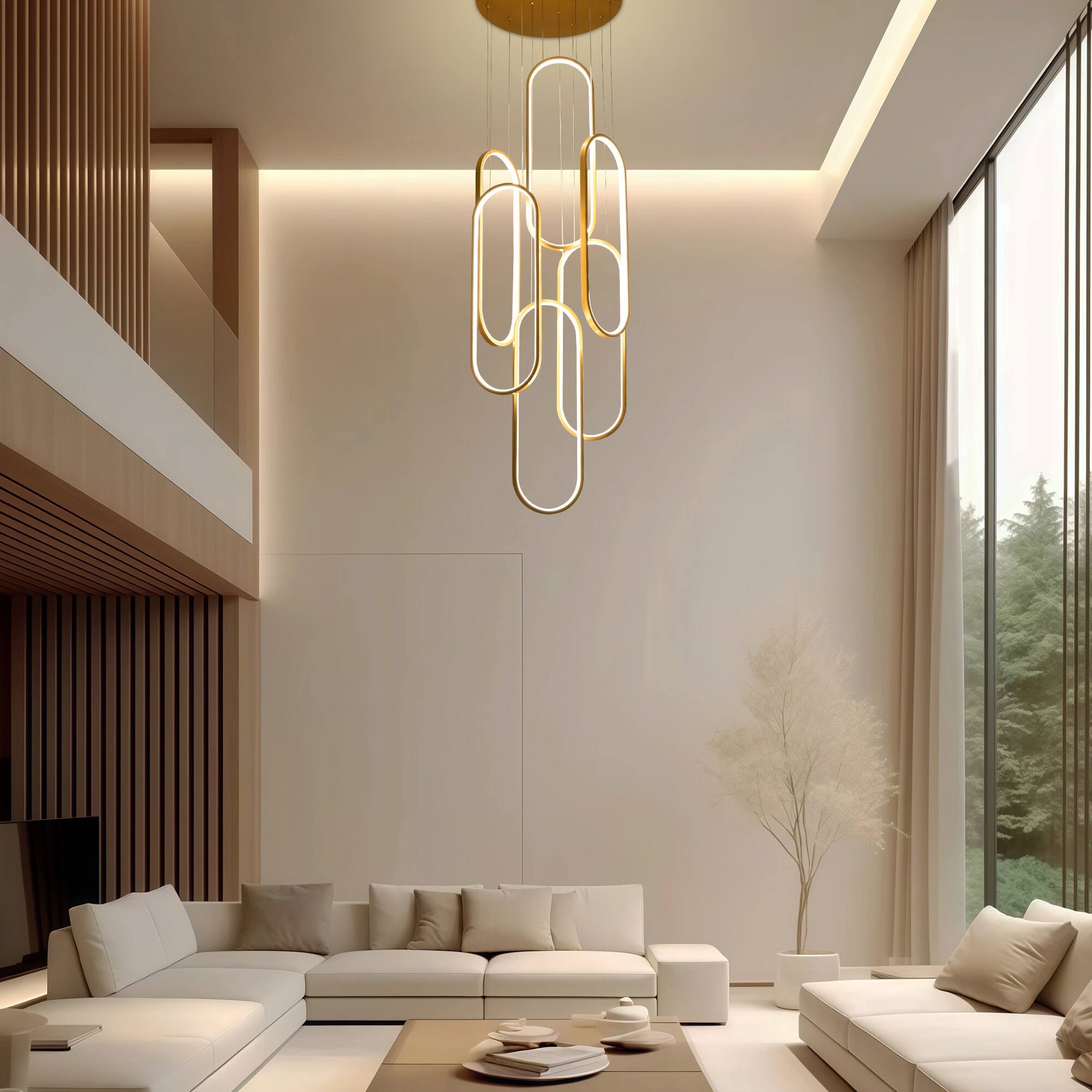Angle. RYHNUYNE - 6-Ring Modern LED Dimmable Pendant Light Fixture,Gold Large High Ceiling Chandelier,Contemporary Light for Staircase - Gold.
