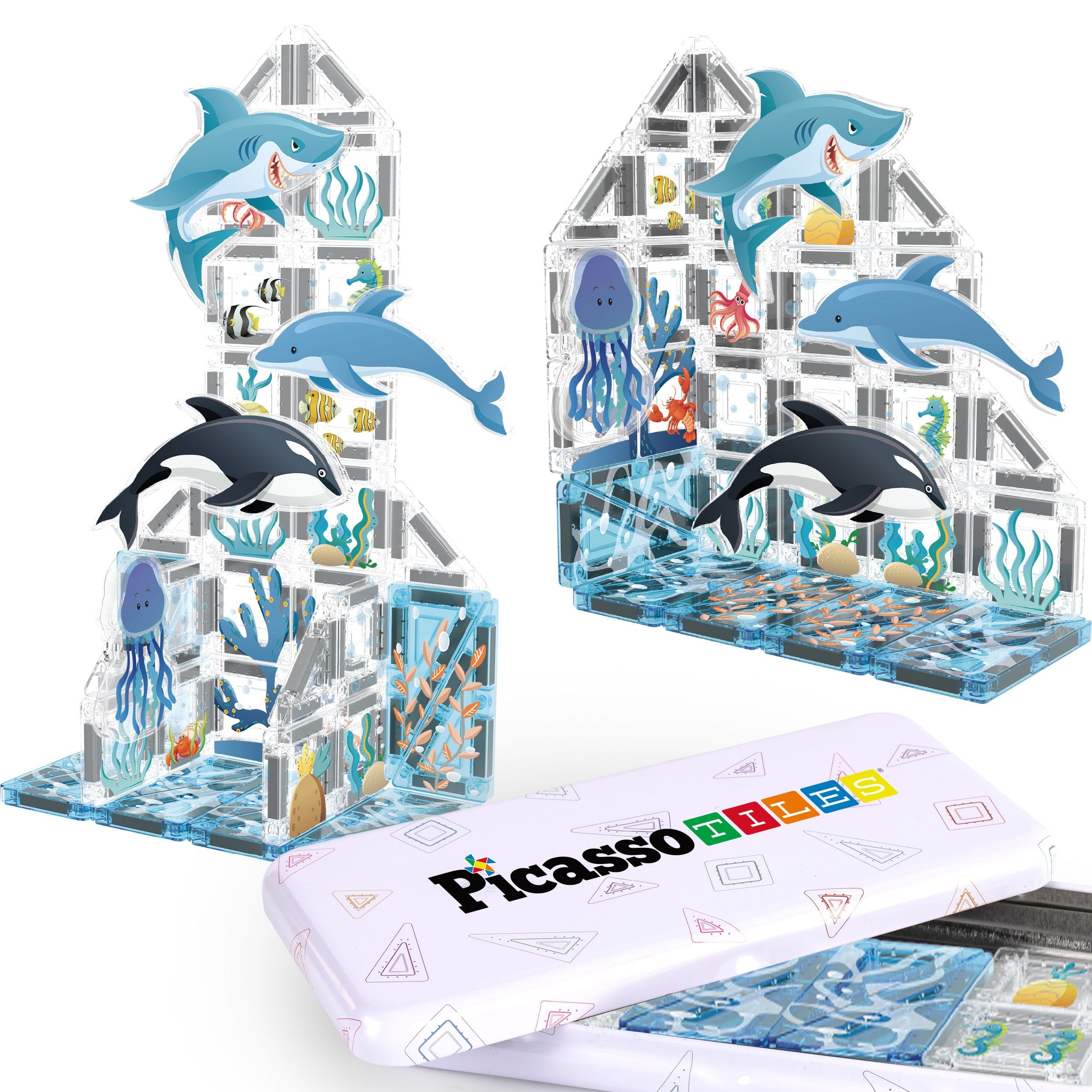 PicassoTiles - Magnetic Tiles for Kids, 40pc Aquarium Marine Animal with Storage Case, STEM Mini Nano Building Blocks Toy for Kids