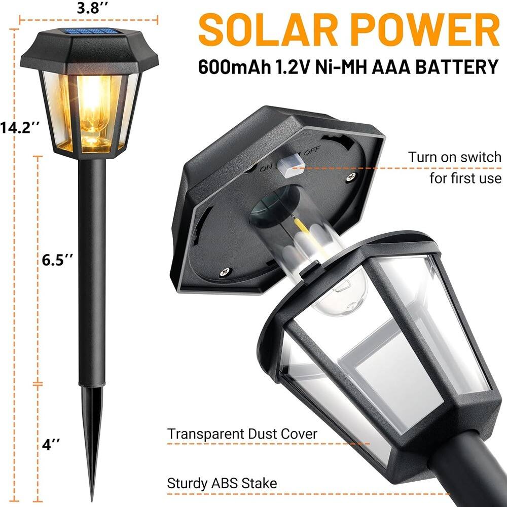 - 3.8" SOLAR POWER
- 600mAh 1.2V Ni-MH AAA BATTERY
- 14.2" ON OFF
- Turn on switch for first use
- 6.5"
- 4" Transparent Dust Cover
- Sturdy ABS Stake