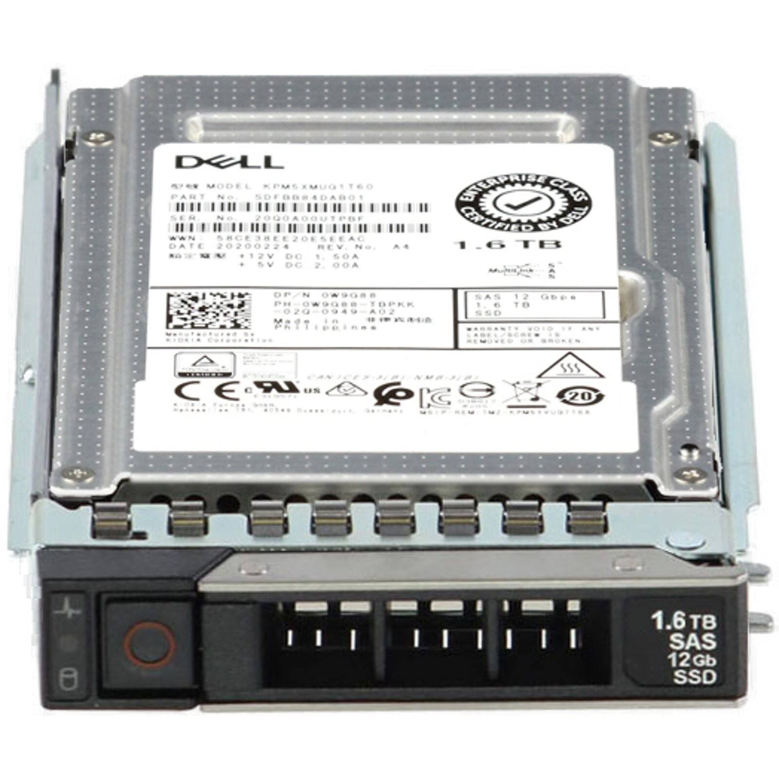 DELL  
MODEL: KPMEXMUGTT6C  
PART NO: 5DFDBRADABOS  
SER No: 2000AOOUTPDI  
WWN: 8GE3BEE20E5EE  
DATE: 20200224  
REV NO: 4  
NTN: 12V DC 2.00A  
SENPNH  
CLASS QRHACO  
BY DELL  
1.6 TB  
DF/N: OW9ORR  
H-0W908B-TDPK  
DPKK 020-0949-A0  
A02  
Made in  
F PNII POIn.s  
SAS 12 Gb/s  
TB SSO  
SEMOVED - ROEIS  
3D LP UN & KC S5S  
20 +  
1.6 TB SAS 12 Gb SSD