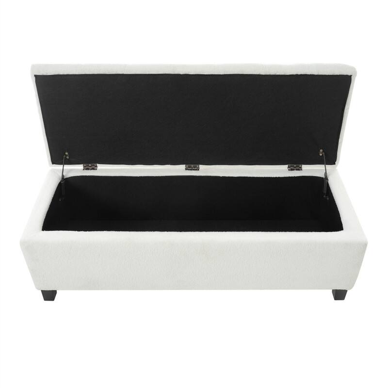 Angle. HTUTWOO - Ottoman Bench with Storage - Boucle Surface, Rubber Wood Legs, 300 lbs Capacity, MDF/Pine/Plywood Construction - White.