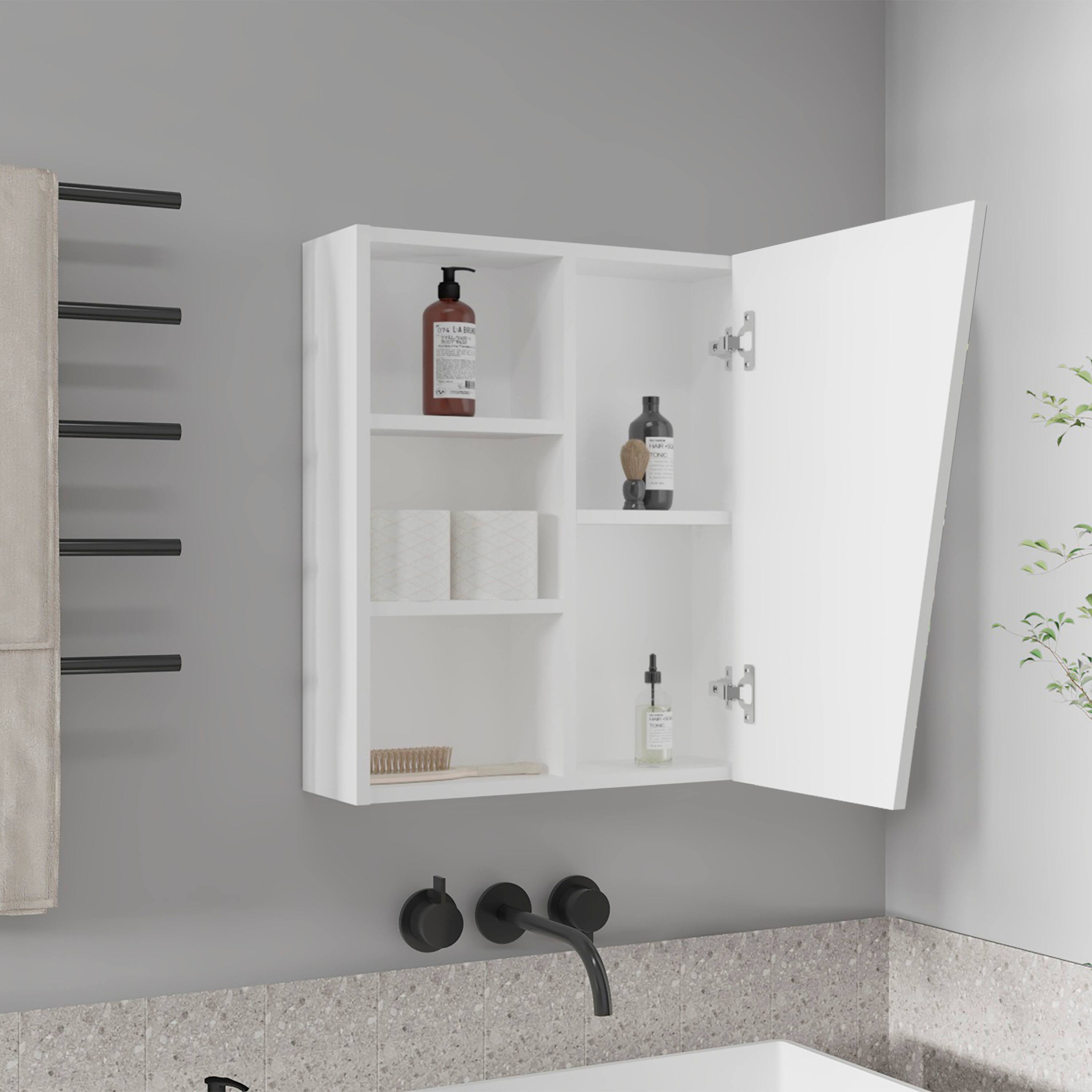 Left. TuHome - Quintana Wall-Mounted Mirror Medicine Cabinet With One Door And Four Open Compartments - White.