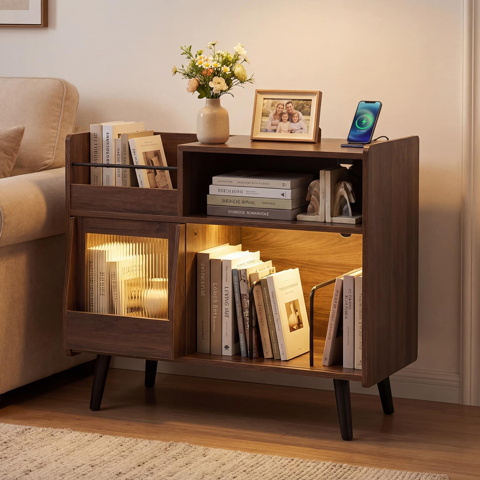 Gymax Record Player Stand w/LED Light Power Outlets Sliding Door