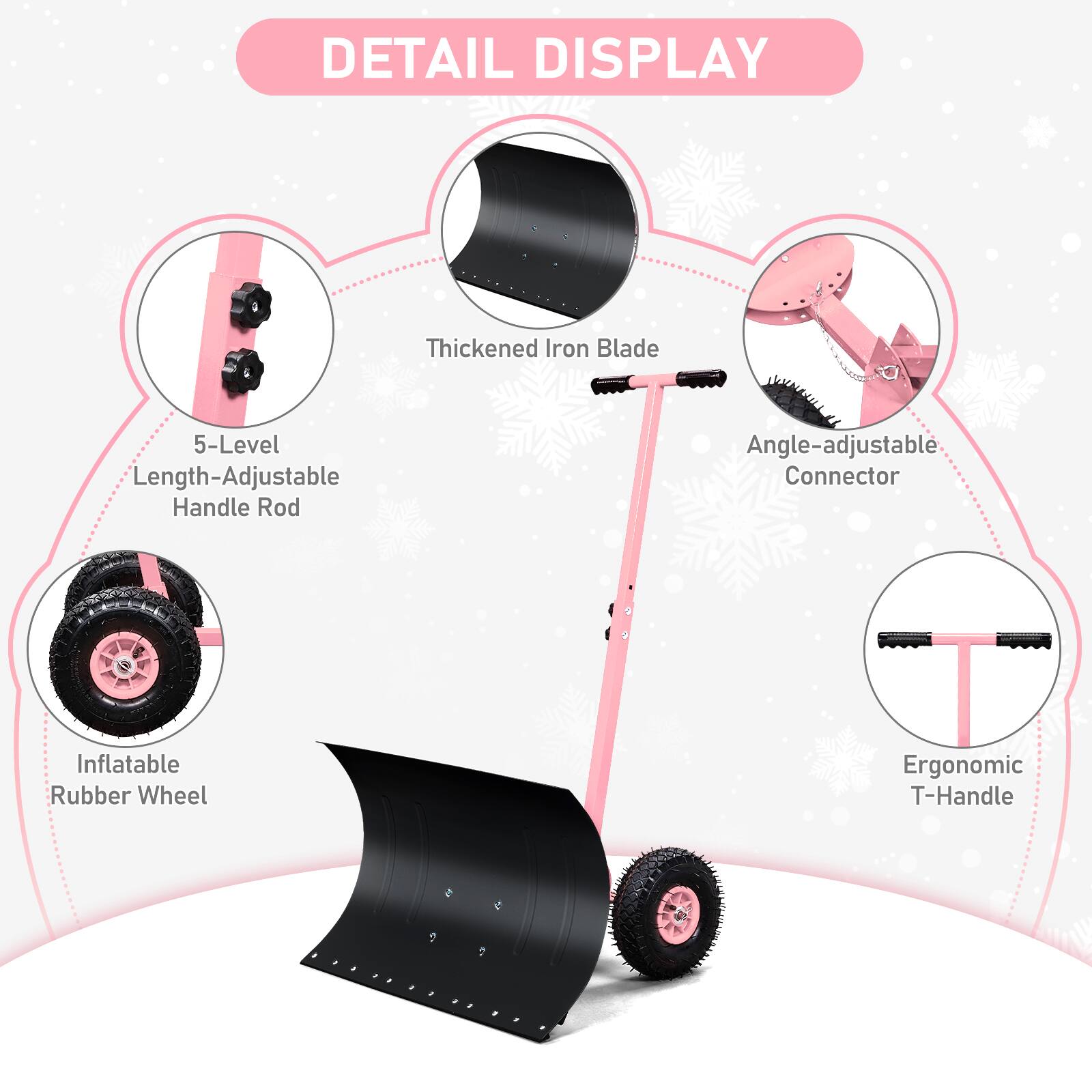 DETAIL DISPLAY
Thickened Iron Blade
5-Level Length-Adjustable Handle Rod
Angle-adjustable Connector
Inflatable Rubber Wheel
Ergonomic T-Handle
