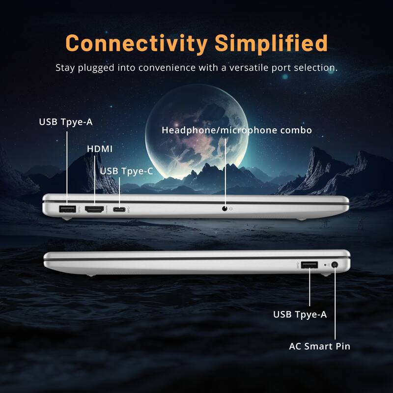 Connectivity Simplified  
Stay plugged into convenience with a versatile port selection.  

- USB Type-A  
- HDMI  
- USB Type-C  
- Headphone/microphone combo  
- USB Type-A  
- AC Smart Pin
