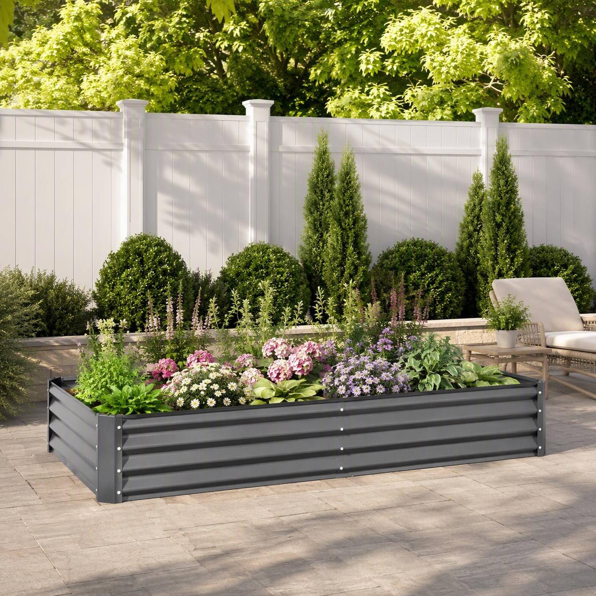 Back. RYHNUYNE - Galvanized Raised Garden Bed 8x4x1 ft Gray Metal Planter Box for Vegetables Fruits Flowers Outdoor Gardening - Gray.