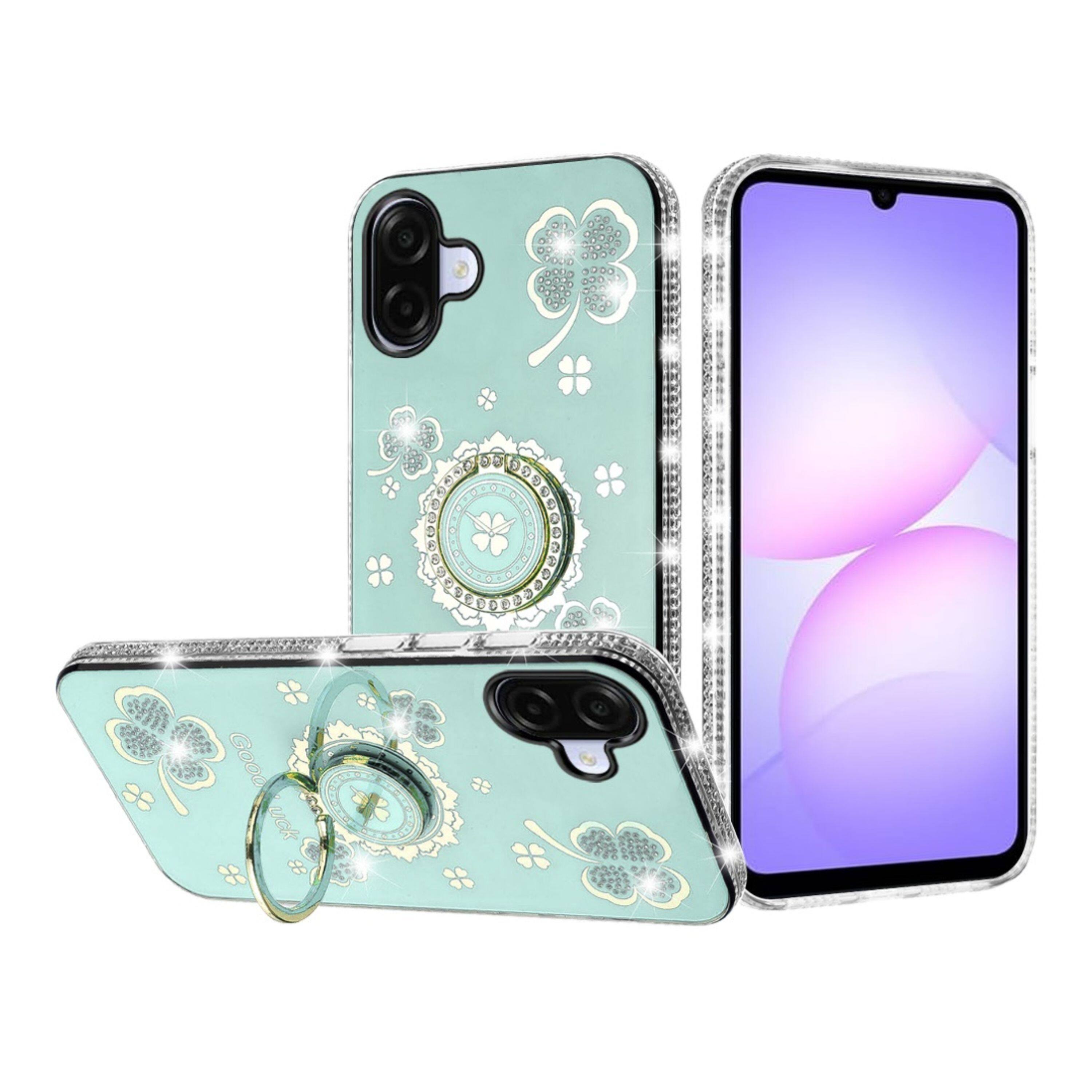 Angle. Kitcheniva - Crystal Studded Phone Case With Ring Stand Tempered Glass For Samsung Galaxy A07 Teal - Teal.