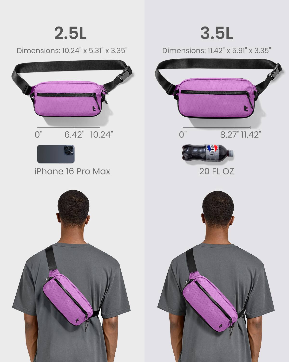 2.5L: Dimensions: 10.24" x 5.31" x 3.35"
3.5L: Dimensions: 11.42" x 5.91" x 3.35"

The text on the image is already grouped and correctly formatted.