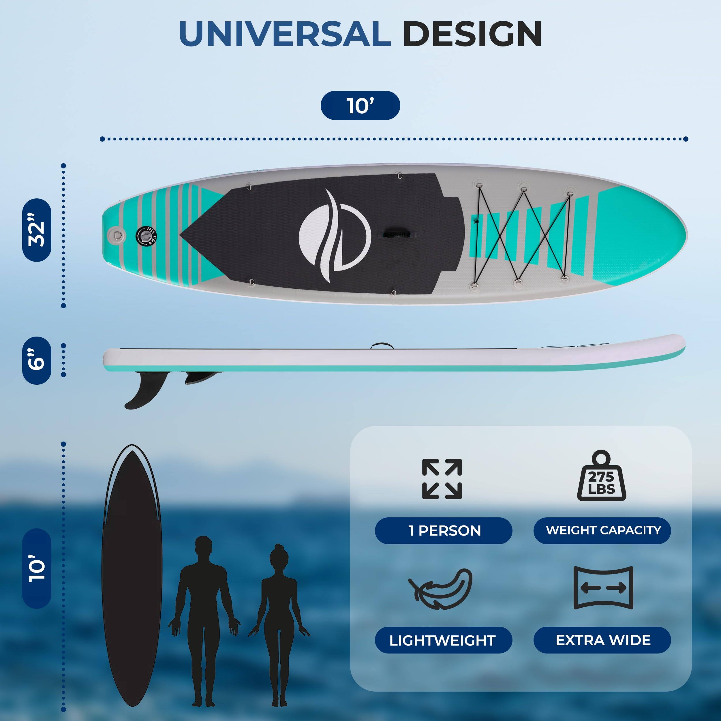 UNIVERSAL DESIGN

10' 32" 6" 

10' 

1 PERSON WEIGHT CAPACITY 275 LBS 

LIGHTWEIGHT EXTRA WIDE