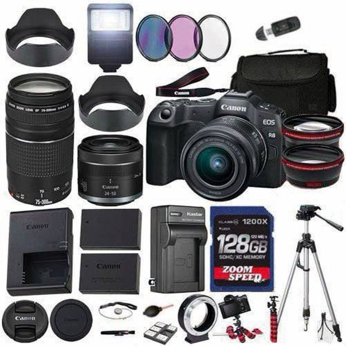 Canon EOS R8  
Canon 75-300mm  
Canon 24-50  
Canon Kastar 1200X N 128GB SDHC/XC MEMORY ZOOM SPEED