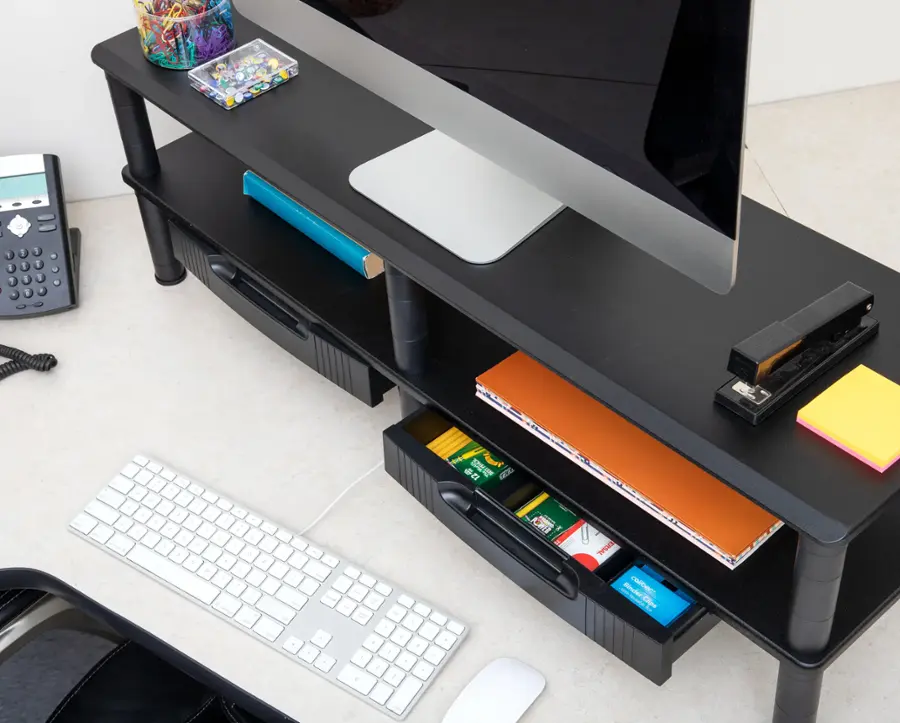 Alt View 15. Mind Reader - Dual Monitor Stand, Storage Shelf, Desktop Organizer, Riser, Office, 38.5"L x 11"W x 10.5-12.5"H - Black.