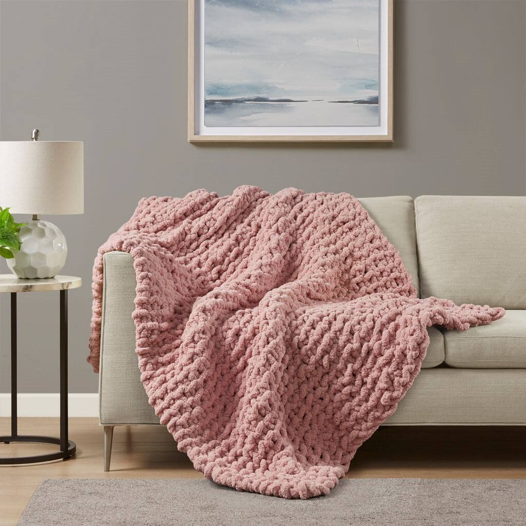 Alt View 1. Gracie Mills - Gracie Mills Dana Handmade Chenille Chunky Knit Throw Blanket - Blush.