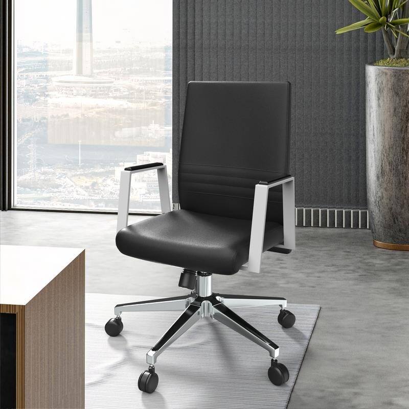 Left. LeisureMod - Aleen Office Chair in Upholstered Leather and Iron Frame with Swivel and Tilt Comfortable Desk Chair for Home Office - Black.