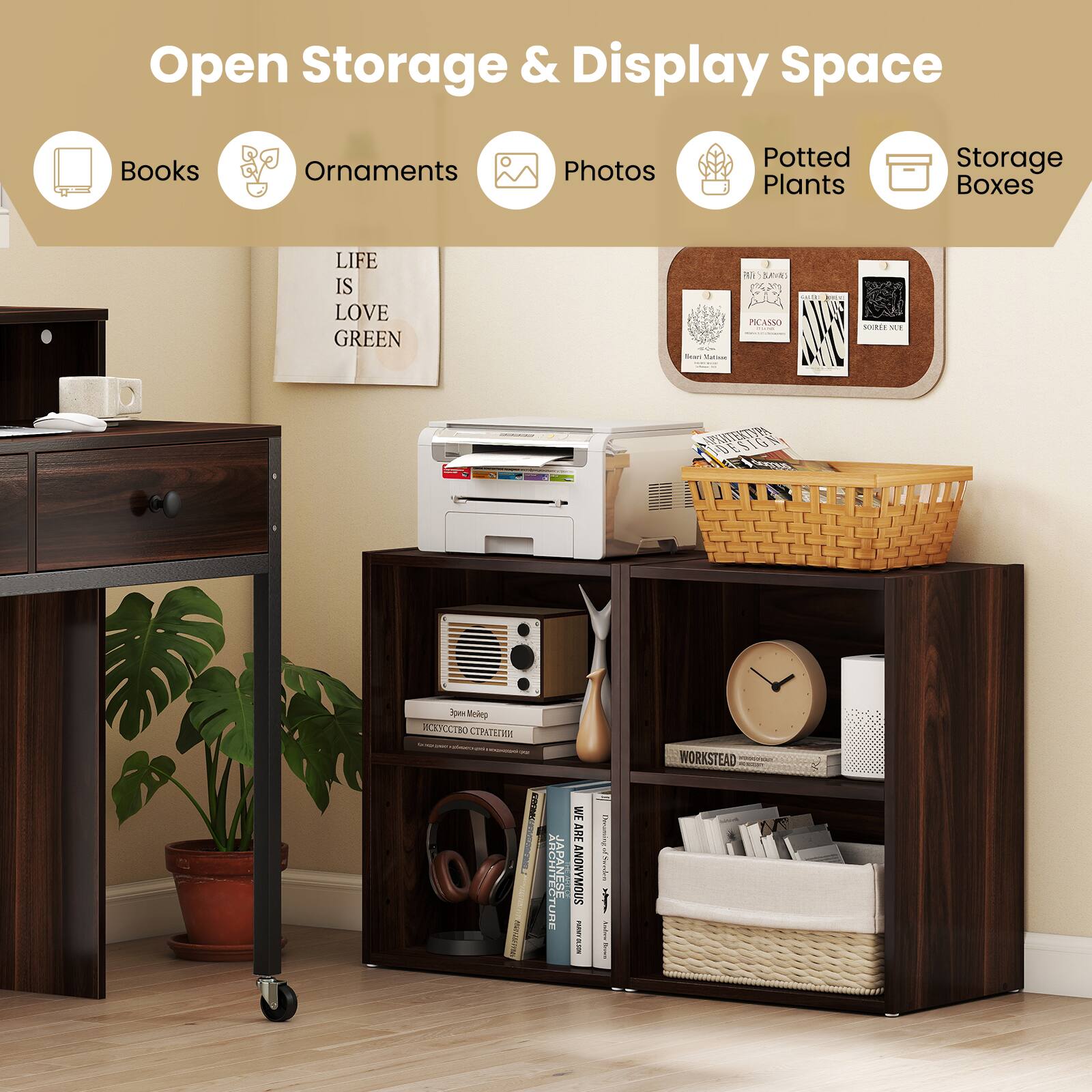 Open Storage & Display Space

- Books
- Ornaments
- Photos
- Potted Plants
- Storage Boxes

LIFE IS LOVE GREEN

WORKSTEAD

JAPANESE ARCHITECTURE

WE ARE ANONYMOUS

BNS | 1 PLASSI

A ORTZR Sp Wol

WORKSTEAD EXENE

a ARrEe