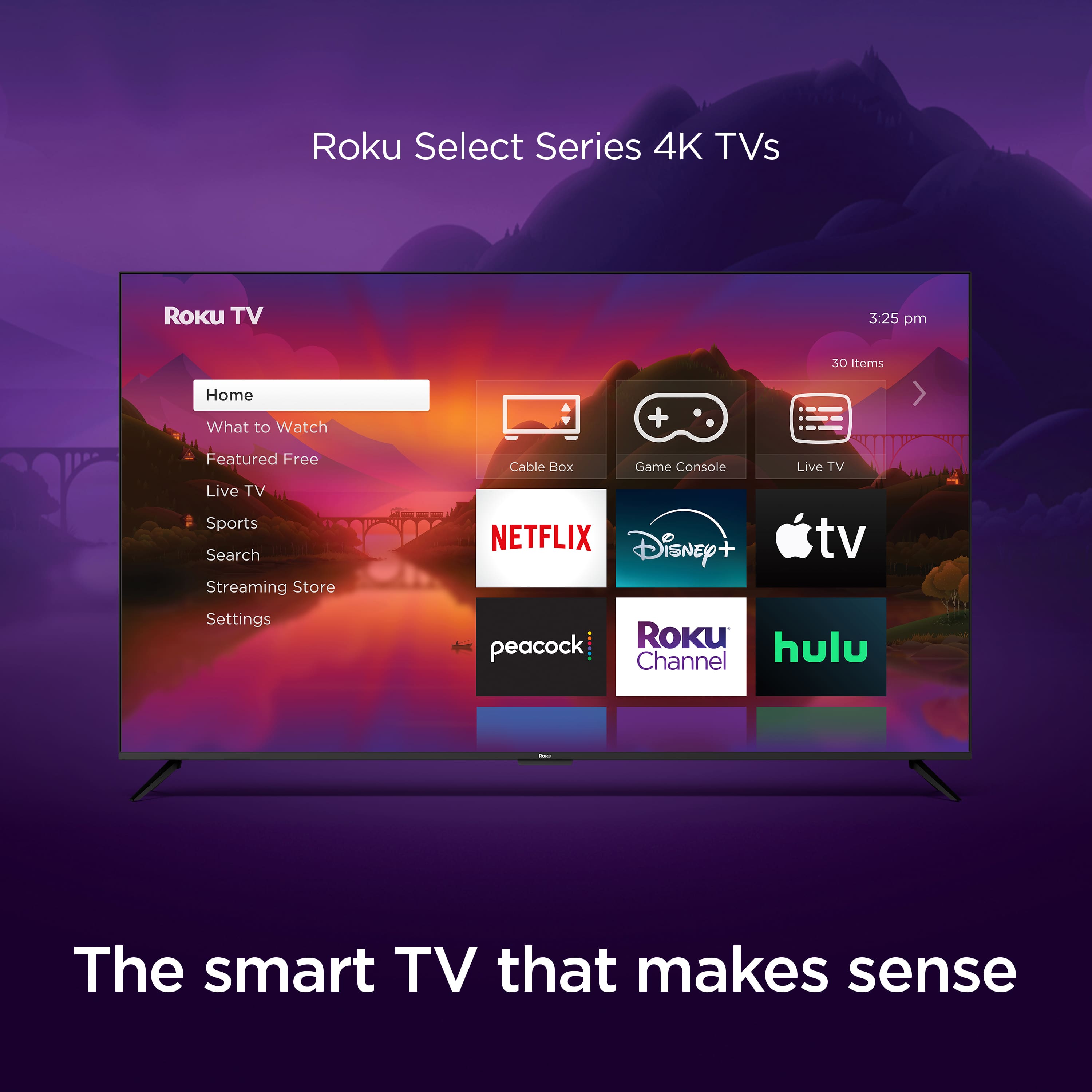 Roku Select Series 4K TVs are the smart TV that makes sense. They offer a variety of options, including live TV, streaming, and cable box integration. With 30 items to choose from, users can enjoy a range of content, such as sports, movies, and TV shows. The TV also features a search function and a streaming store for added convenience. The Roku TV is designed to provide a seamless viewing experience, with easy access to popular channels like Netflix, Disney+, and Hulu.